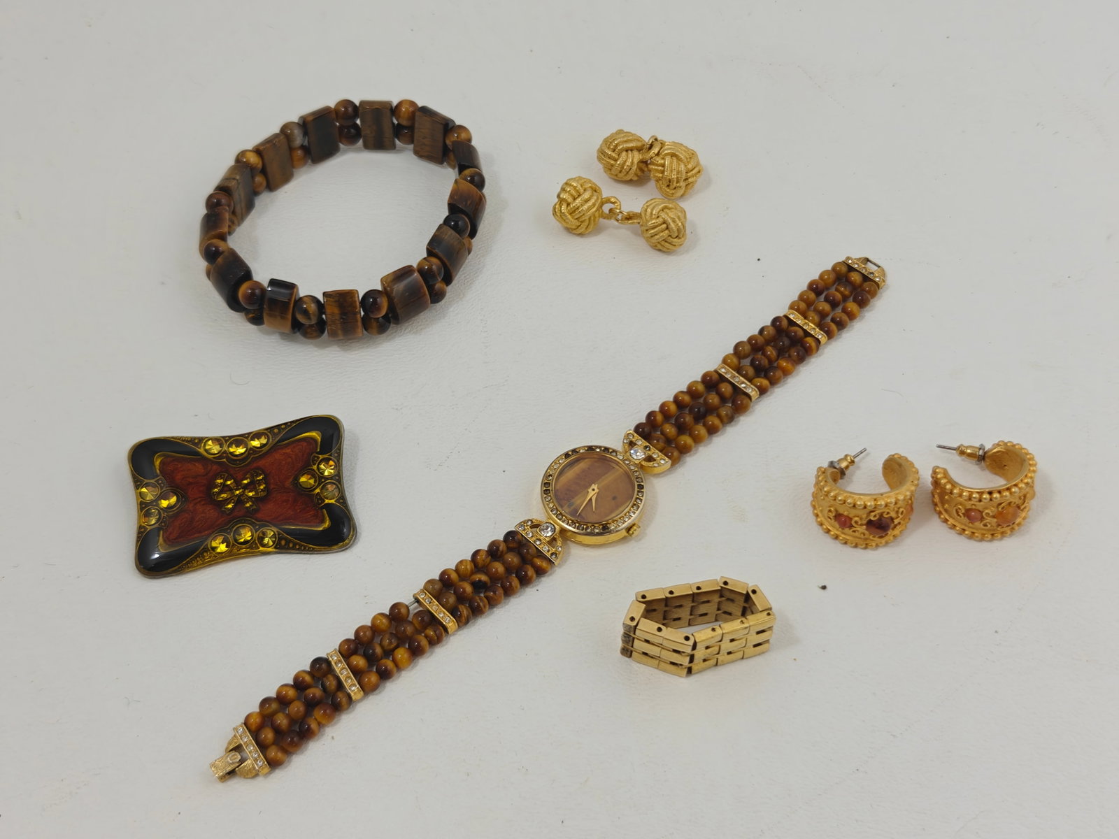 Assorted Costume Jewelry Group with Tiger's Eye Watch & Accessories (1 of 9)