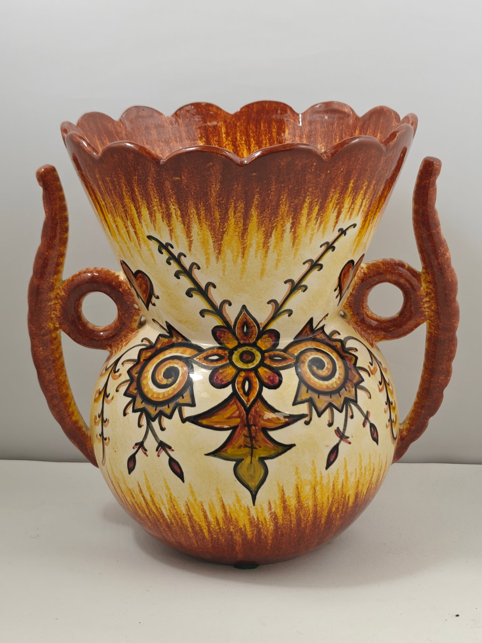 Signed Henriot Quimper Faience Hand-Painted Twin Handle Vase by P. Fouillen (1 of 6)