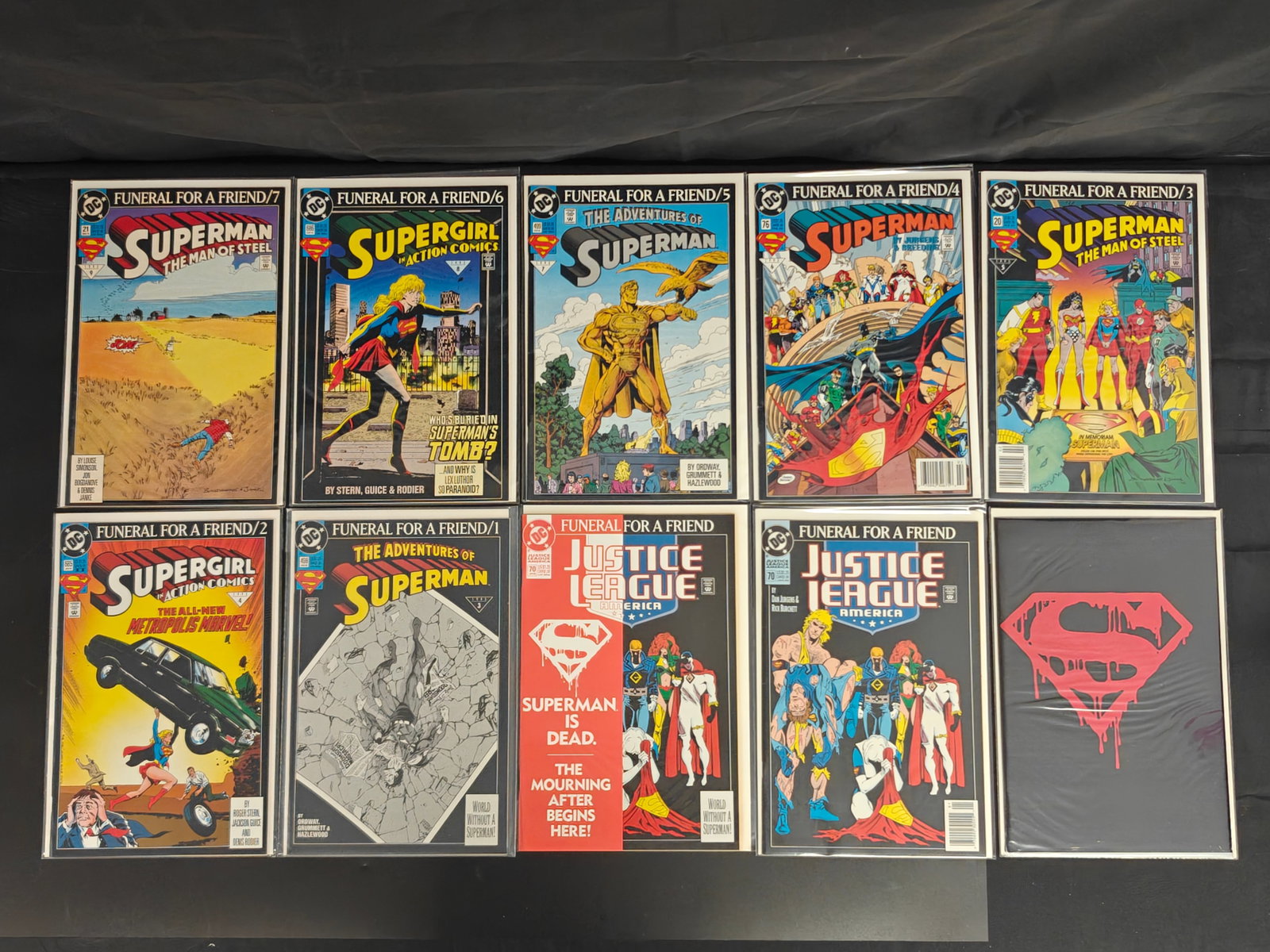 Superman Funeral for a Friend Comic Lot with Superman #75 Memorial Set: Group lot of 1990s DC Superman Funeral for a Friend related comic books, including Superman: The Man of Steel #20 and #21, Adventures of Superman #498 and #499, Action Comics/Supergirl #685 and #686, 