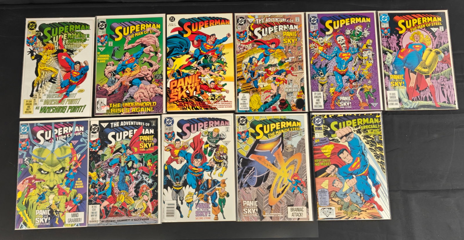Superman Panic in the Sky Comic Lot: Group lot of 1990s DC Superman related comic books, primarily from the ?Panic in the Sky? storyline, including Superman #65, #66, #73 and #74; Superman: The Man of Steel #9, #10 and #17; Action Comics