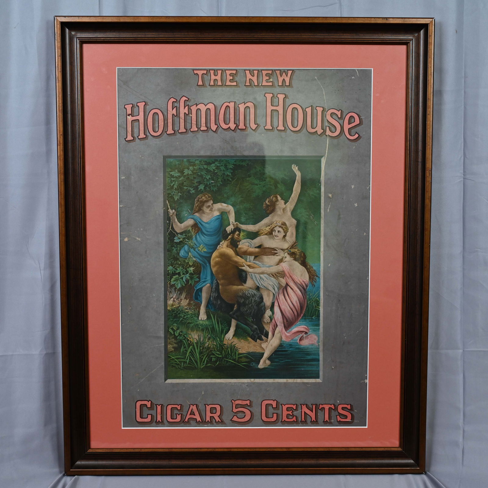 Hoffman House Cigar Advertising Sign: Featuring the iconic "Nymphs and Satyr" painting by Adolphe Bouguereau that hung in The Hoffman House Bar (open 1883 - 1911), inside the similarly named hotel on Madison Square. Visible image 24 1/2 i