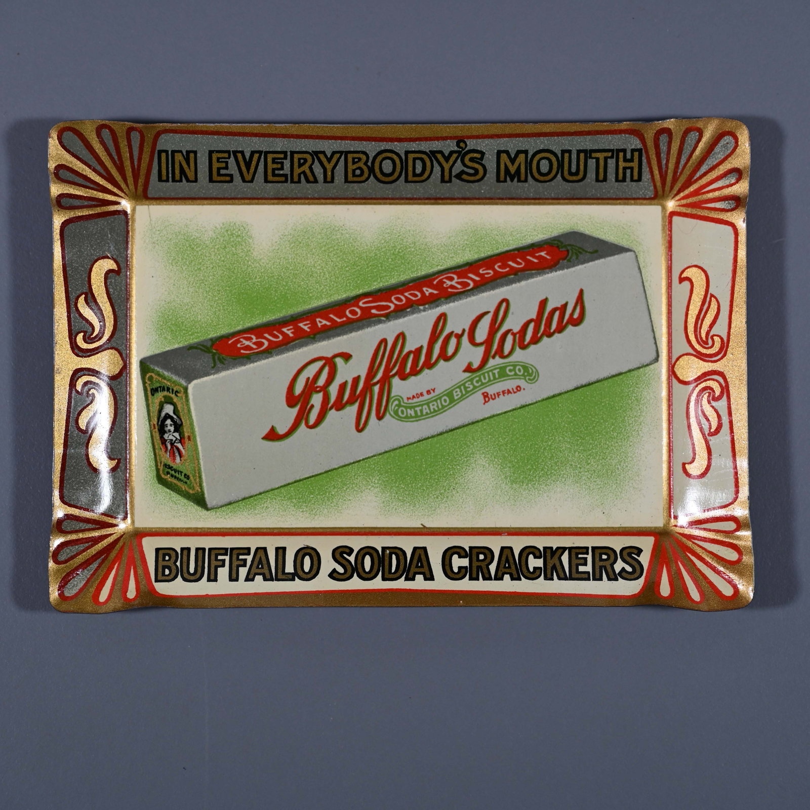 Buffalo Sodas / Buffalo Soda Crackers Tip Tray: Buffalo Sodas were Made by Ontario Biscuit Co in Buffalo, NY (despite our assumption that they were a Canadian company because of the name). About 3 1/4th inches tall x 4 3/4th inches wide.