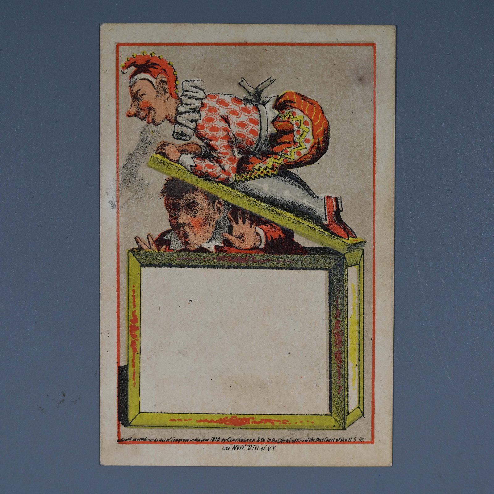 6 - Blank Front - Jester / Clown - Victorian Trade Card: Music Hall Hotel Providence R.I. In the bottom margin: "Ent [ Entered ] According to an Act of Congress in the year 1870 by Clay, Cosack & Co in the Clerk's office of the Dist. Court of the US for / [