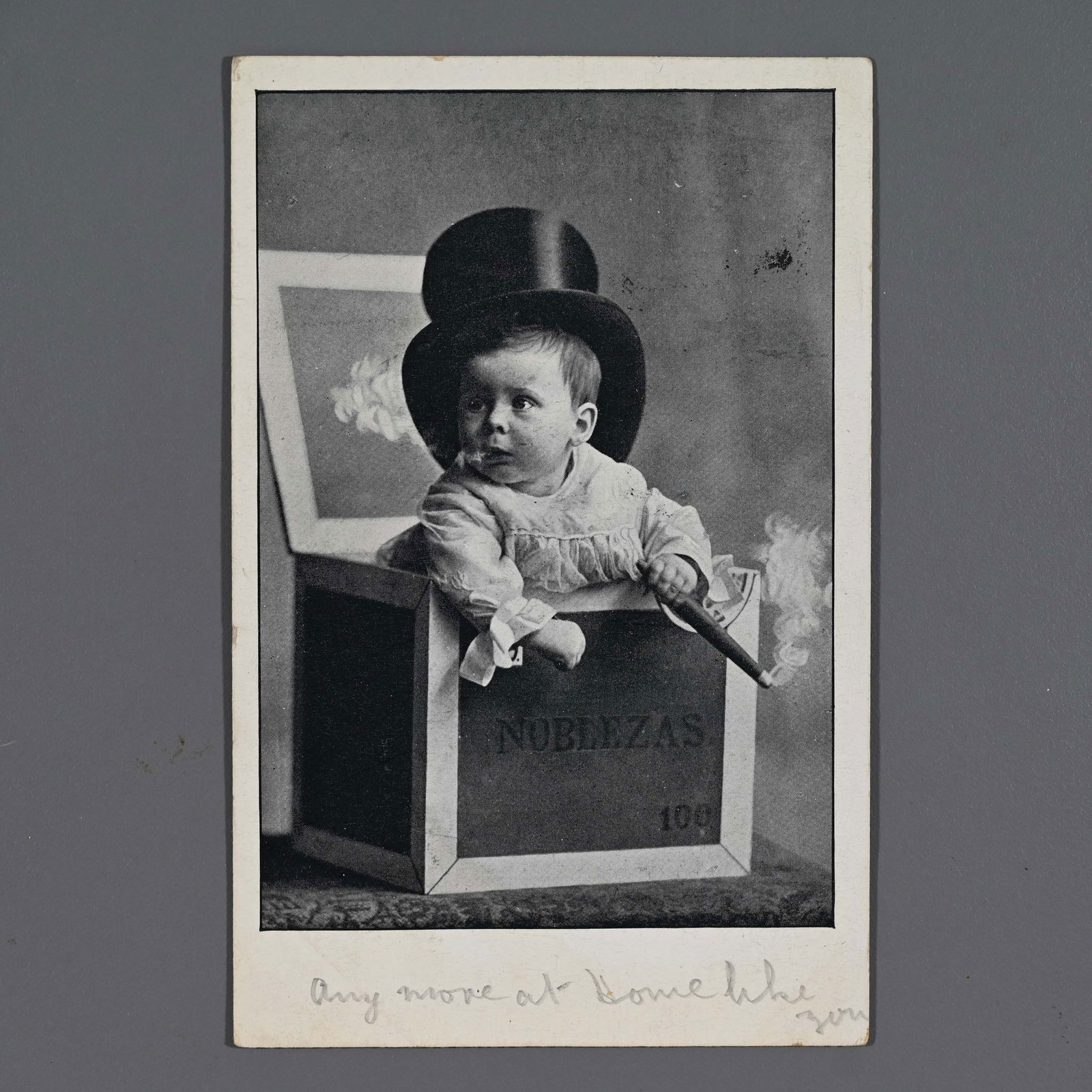 Baby BOY in a Noblezas Cigar Box Tobacco Postcard: Once upon a time, fathers gave cigars to friends when a baby was born. Google searches for Noblezas return a recently founded company. The Downtown Tampa Historical Trail includes "Site of La Nobleza