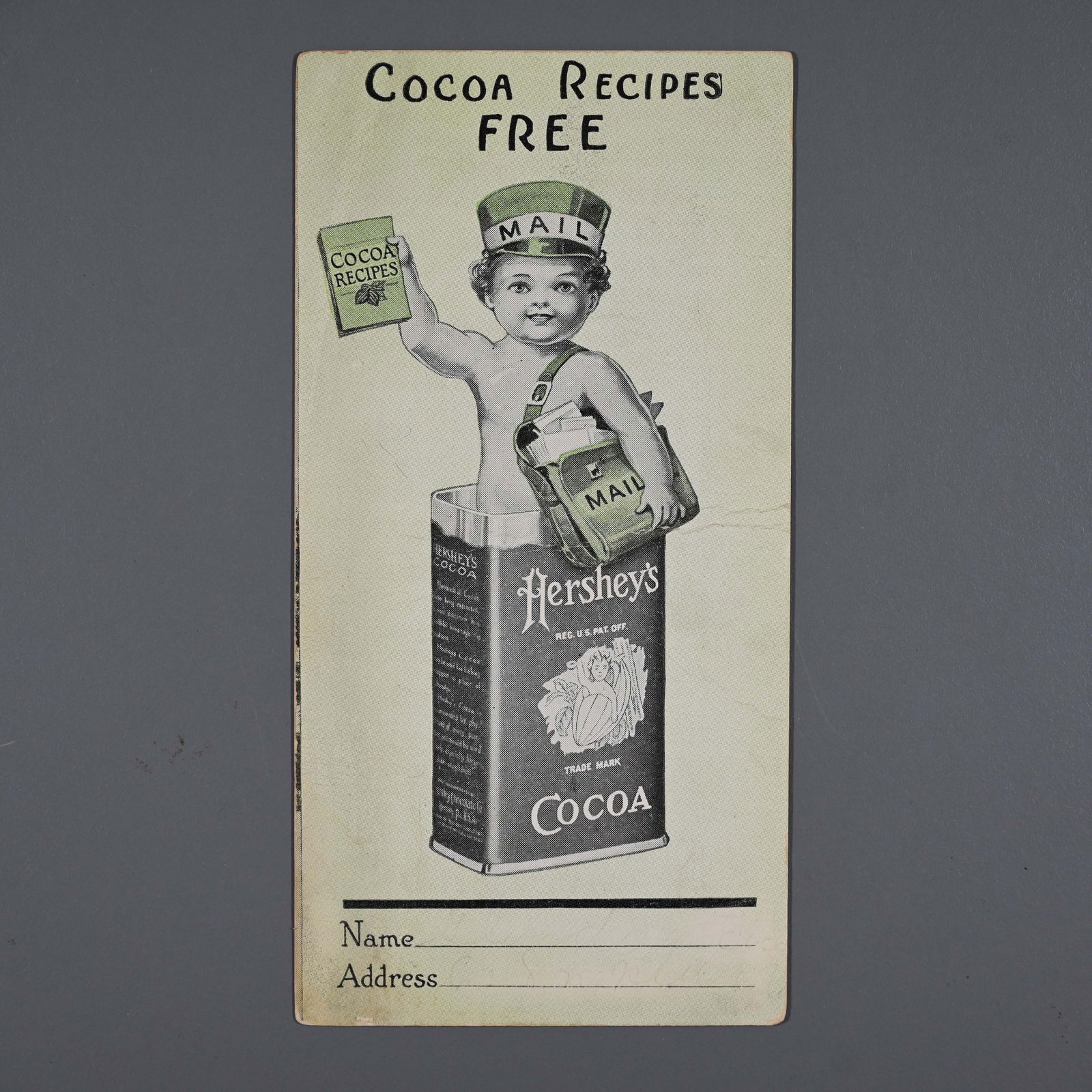 Hershey's Cocoa Postcard Offering Free Cocoa Recipes: While undated, this is early. The Hershey Chocolate Company operated 1894 (founding) to 1927, when the name was changed to Hershey Chocolate Corporation. It measures 5 3/8th inches tall x 2 3/4th inch