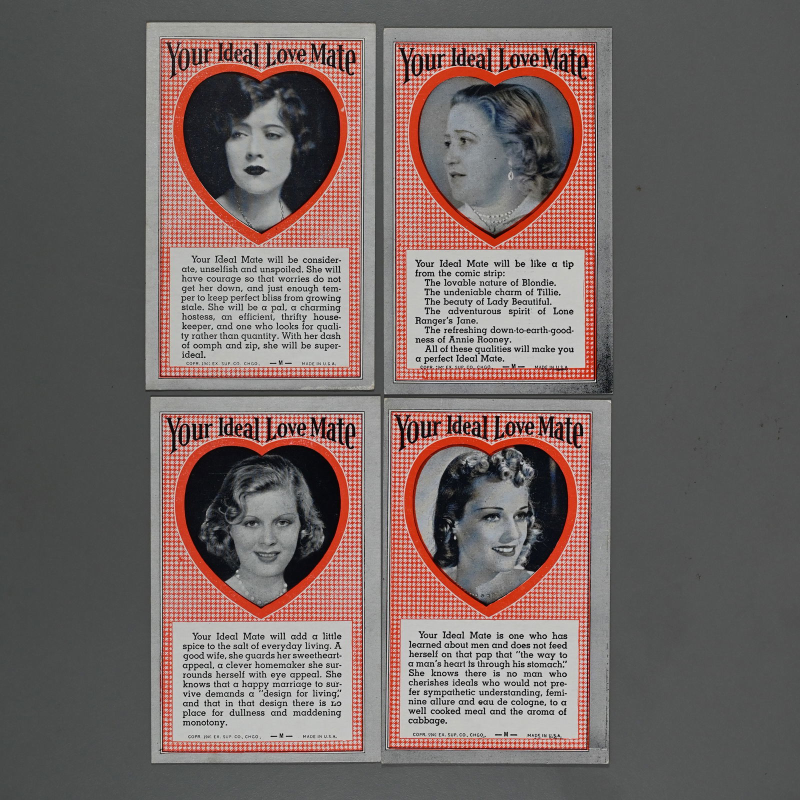 Lot of 8 - Exhibit Supply Co 1941 Card - Your Ideal Love Mate: Each about 5.375 x 3.375 inches