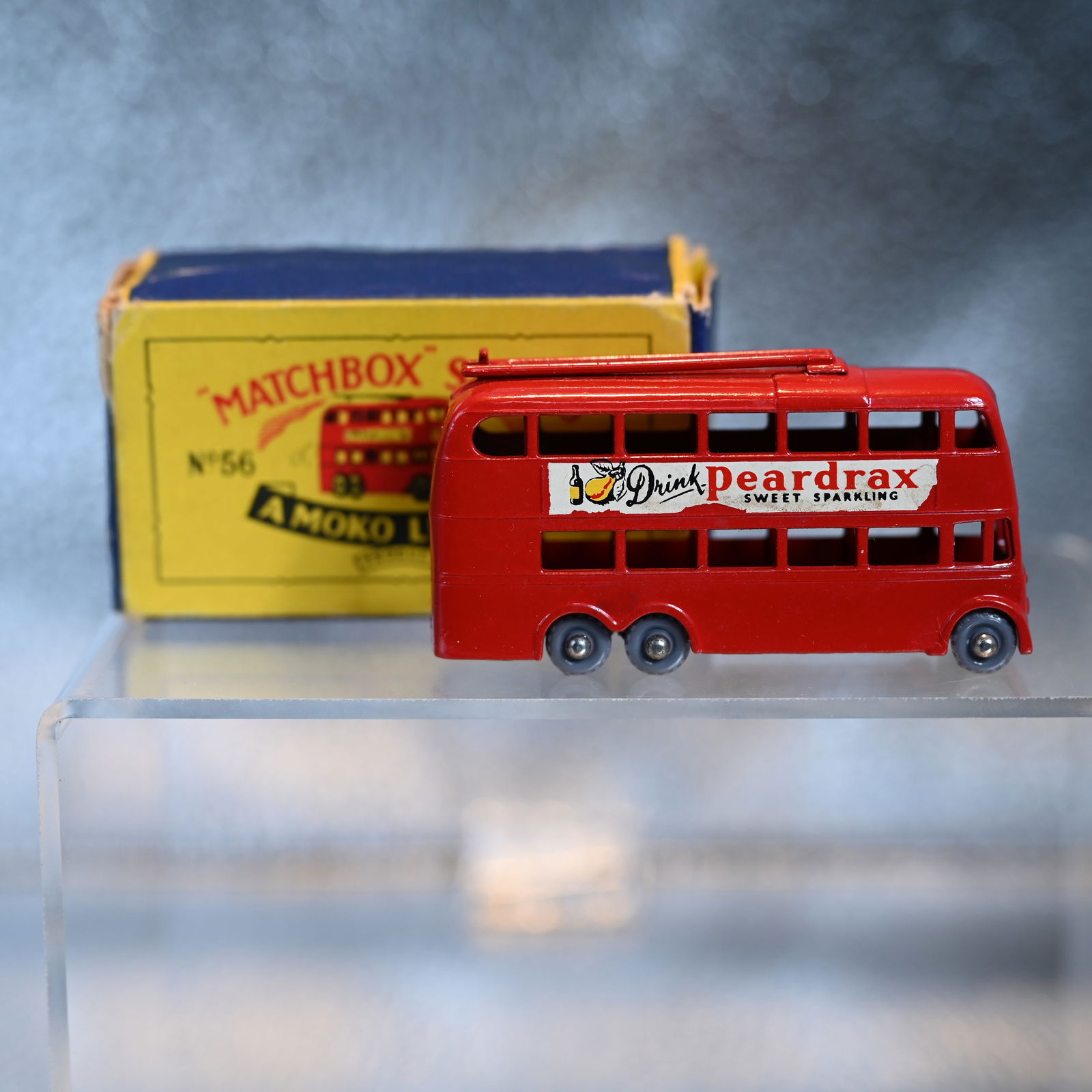 Matchbox - MOKO - No 56 - London Trolleybus: Marked: LONDON TROLLEYBUS - Made in England - By Lesley. And, behind the rear axle: No 56