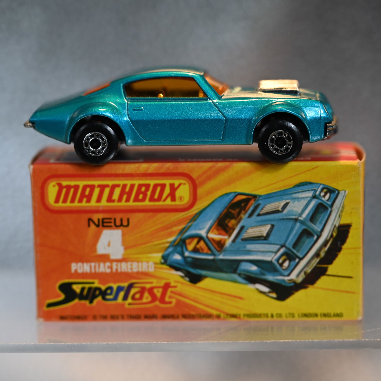 Matchbox New 4 - Pontiac Firebird - Superfast - 1975: Marked: Matchbox Superfast - No 4 Pontiac Firebird - Made in England - 1975 Lesney Prod & Co Ltd.