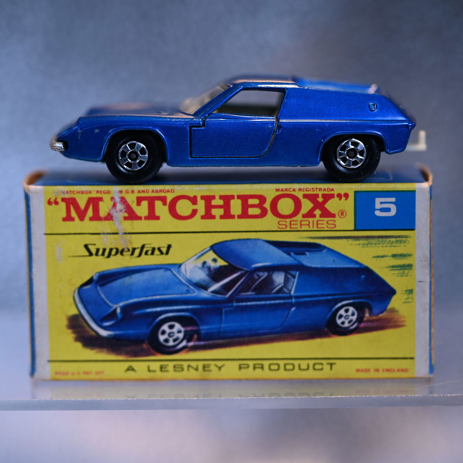 Matchbox New 5 - Lotus Europa - 1969: Marked: Before front axle, Superfast. Between the wheels, Matchbox Series No 5 - Lotus Europa - Made in England - 1969 - Lesney Products & Co. Ltd. And on rear axle, Pat App and Pat 983556