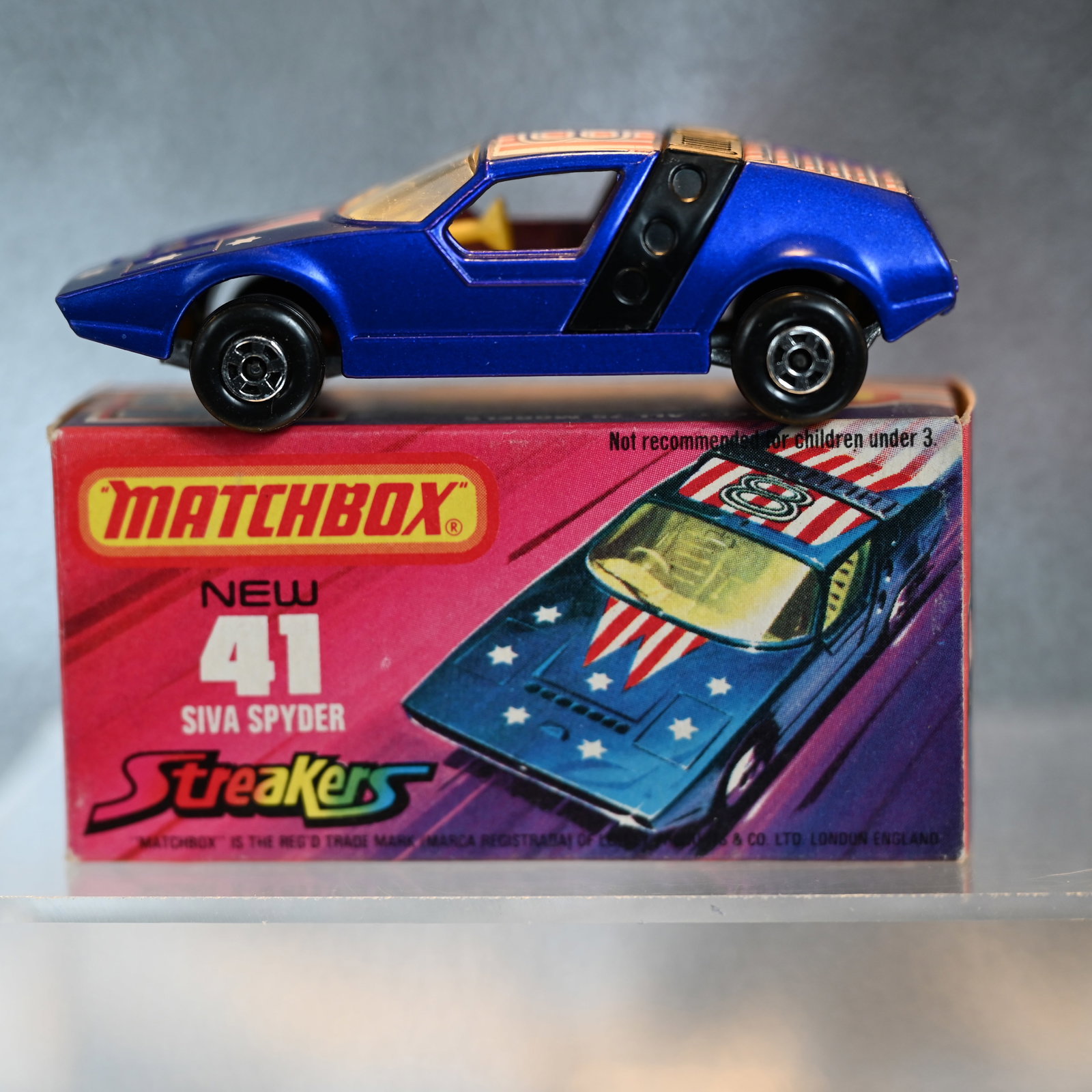 Matchbox New 41 - Siva Spyder - Streakers - 1972: Marked: Matchbox Superfast - No 41 Siva Spyder - Made in England - 1972 - Lesley Products & Co Ltd. And, across the rear axle: Pat No 1238927