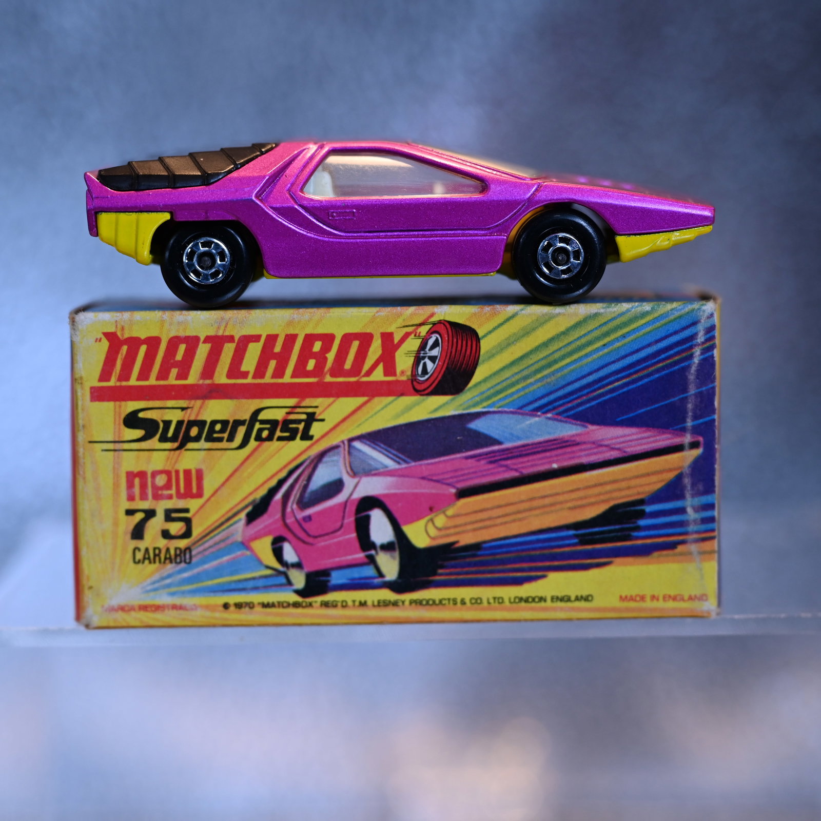 Matchbox NEW 75 - Alfa Carabo - Superfast - 1970: Marked: On front axle: Superfast. Between wheels: Matchbox Series No 75 - Alfa Carabo - Made in England - 1970 - Lesney Products & Co Ltd. On back axle: Pat App.