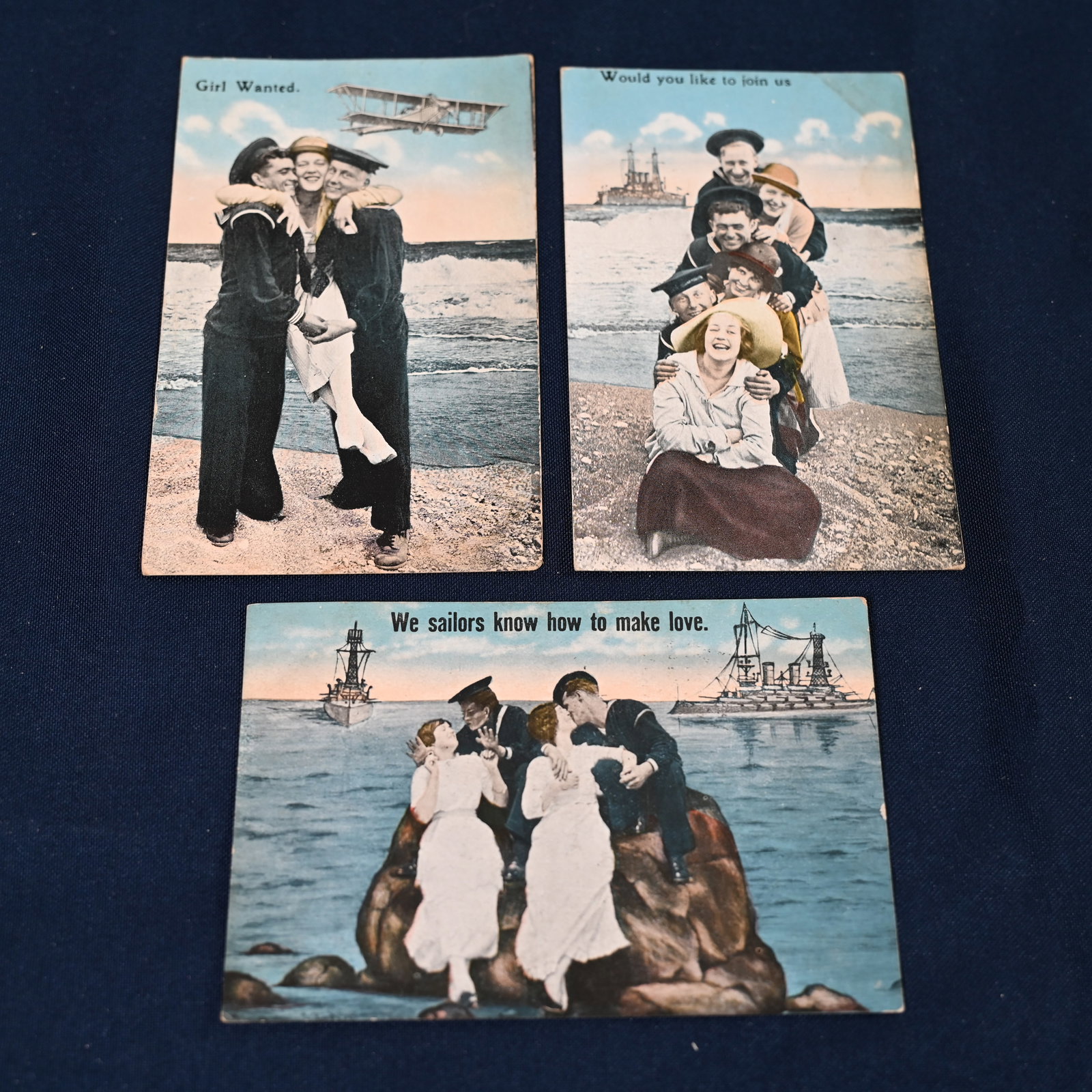 Army Navy Postcards - Lot of 9: 3 Navy comic, 1 YMCA American Sailors Club, 1 sailor valentine, 1 sailor duty calls, 2 Army Christmas, 1 Army for my flag and my country. We believe all are WW I era.