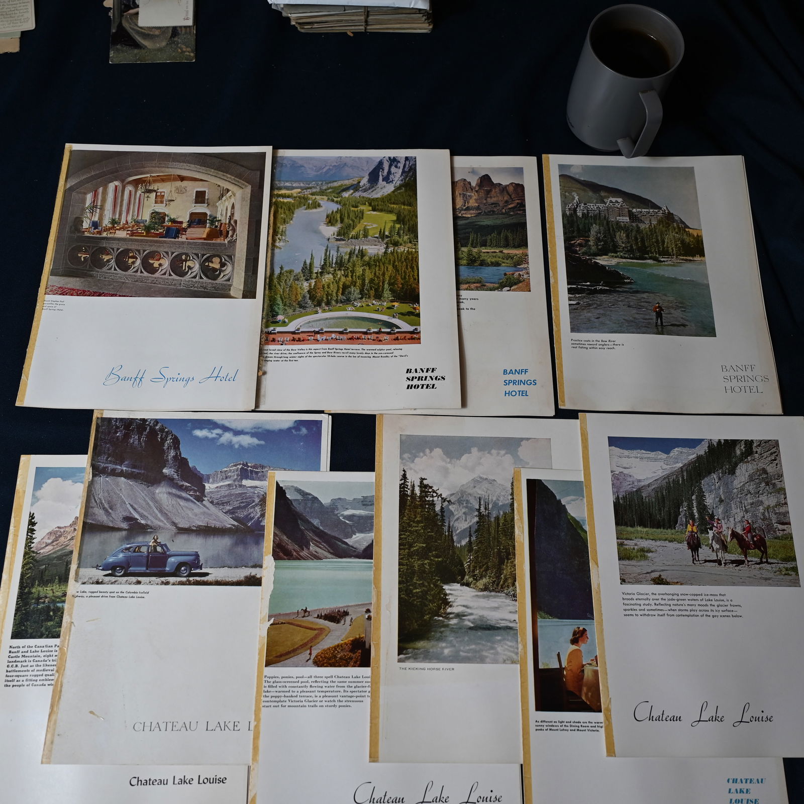 Collection of 10 Canadian Pacific Railroad Hotel Menus Banff & Lake Louise: Alberta Canada, (1) Banff Springs Hotel, 3 dinner and 1 lunch menu. (2) Chateau Lake Louise, 4 dinner menus and 2 lunch menus. All dated August, 1949. Each menu measures about 11 H x 8 W inches.