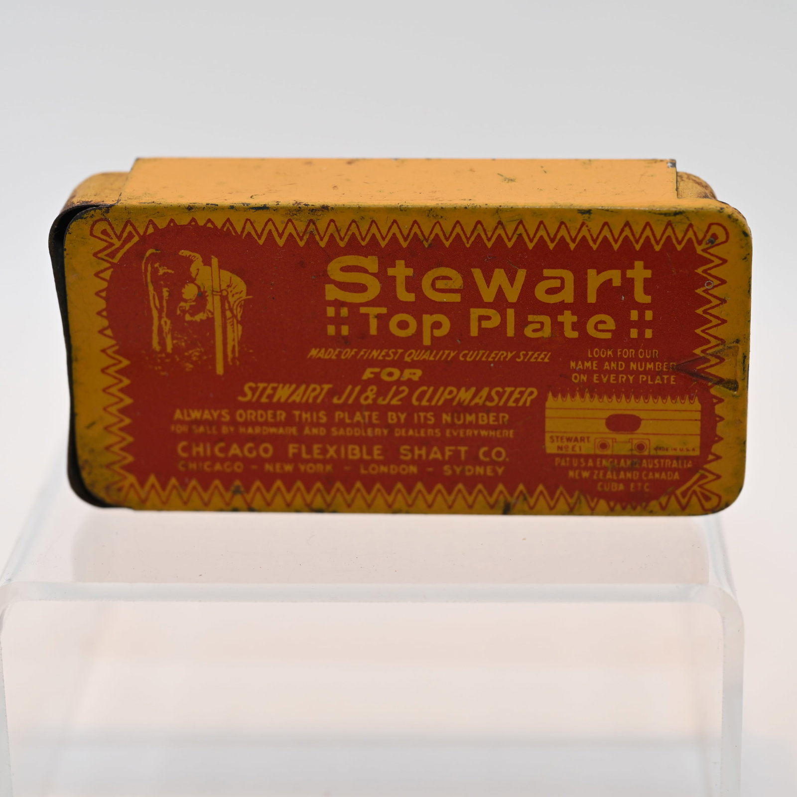 Stewart Top Plate for Stewart J1 & J2 Clipmaster: Chicago Flexible Shaft Co - An empty box for blades for the Stewart horse grooming hair clipper