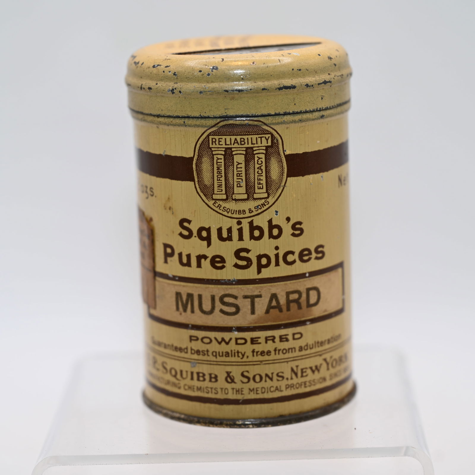 Squibb s Pure Spices Mustard - 2 oz: E R Squibb & Sons New York Manufacturing Chemists to the Medical Profession Since 1858 History: In 1895, Dr Squibb formed a partnership with his sons, Edward and Charles. The firm he founded in 1858 w