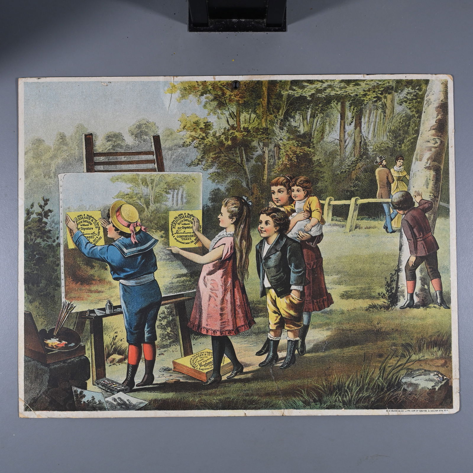 Fleischman & Co.'s Compressed Yeast Sign: An early point of sale hanging sign for Fleischmann's Yeast. Using product images within a picture was a short lived advertising trick, encouraging consumers to put the sign on the wall of their home.