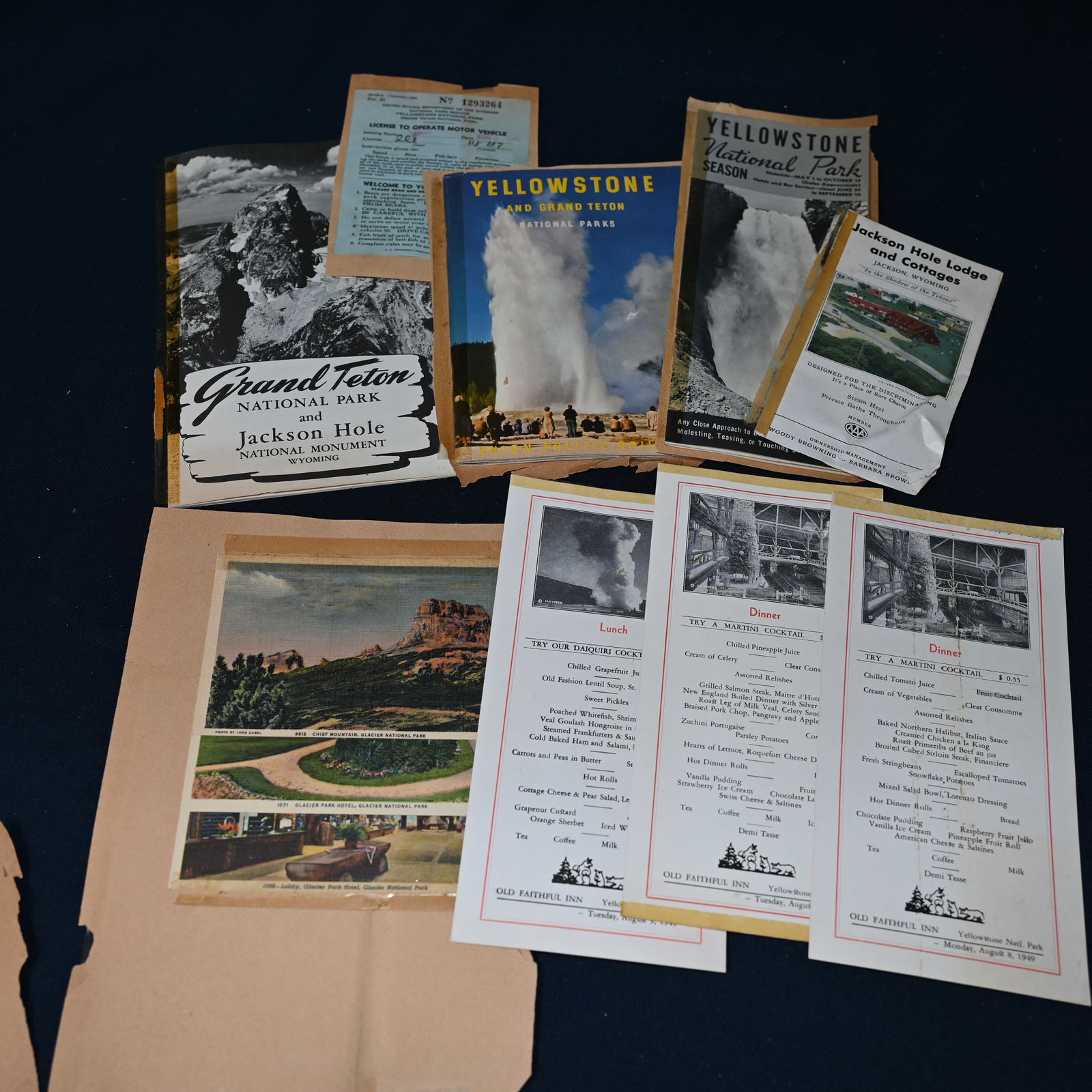 Glacier - Grand Teton - Yellowstone National Parks Vacation Ephemera: A collection of vacation memorabilia from Glacier National Park, Grand Teton National Park, Yellowstone National Park and nearby areas. Includes park brochures, postcards, and menus