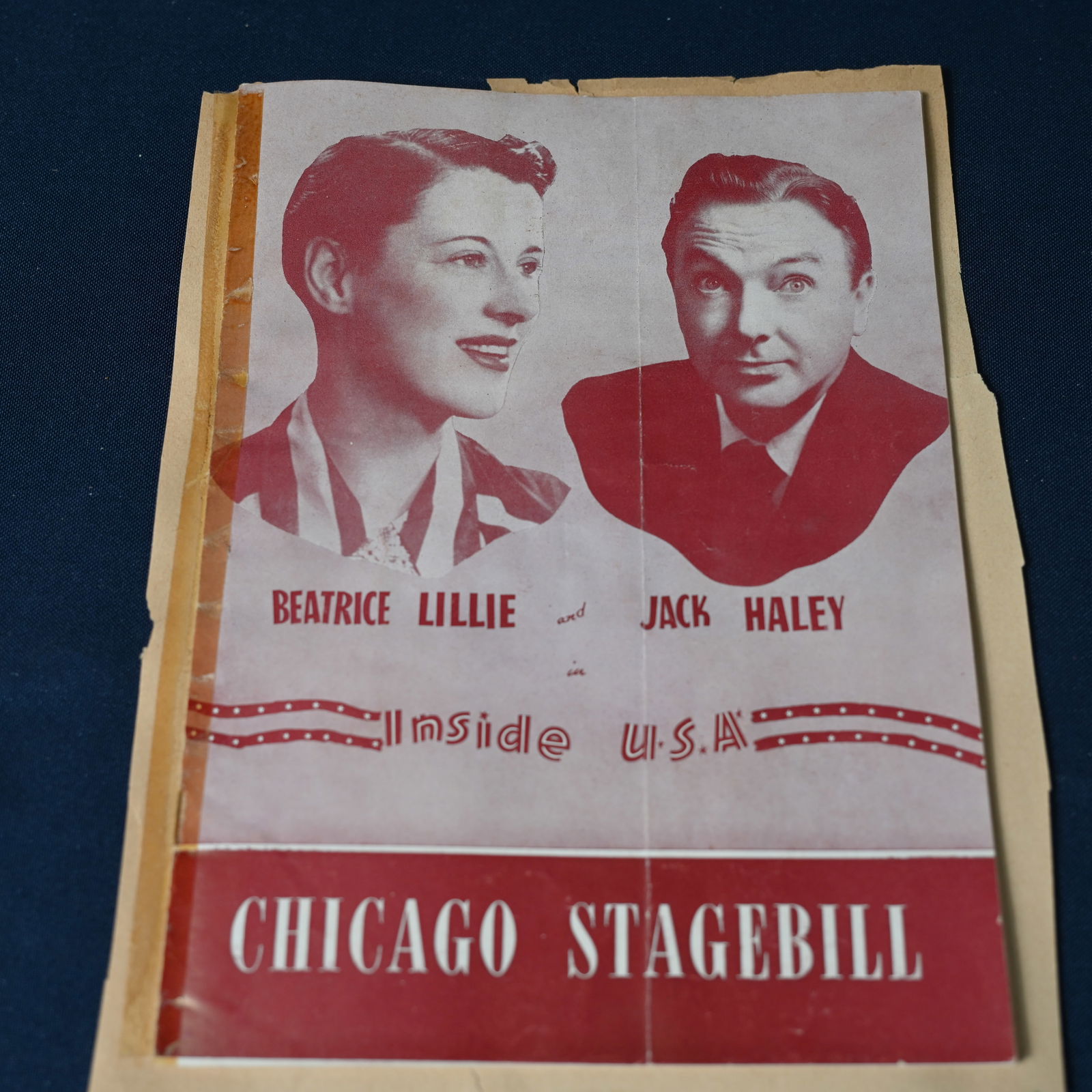 Inside U.S.A. Musical - Chicago Performance - Shubert Theatre 1949: For the week beginning July 24, 1949. A Chicago Stagebill for a performace of Inside U.S.A. featuring Beatrice Lillie and Jack Haley. Taped and glued to an aged scrapbook page. The stagebill measures