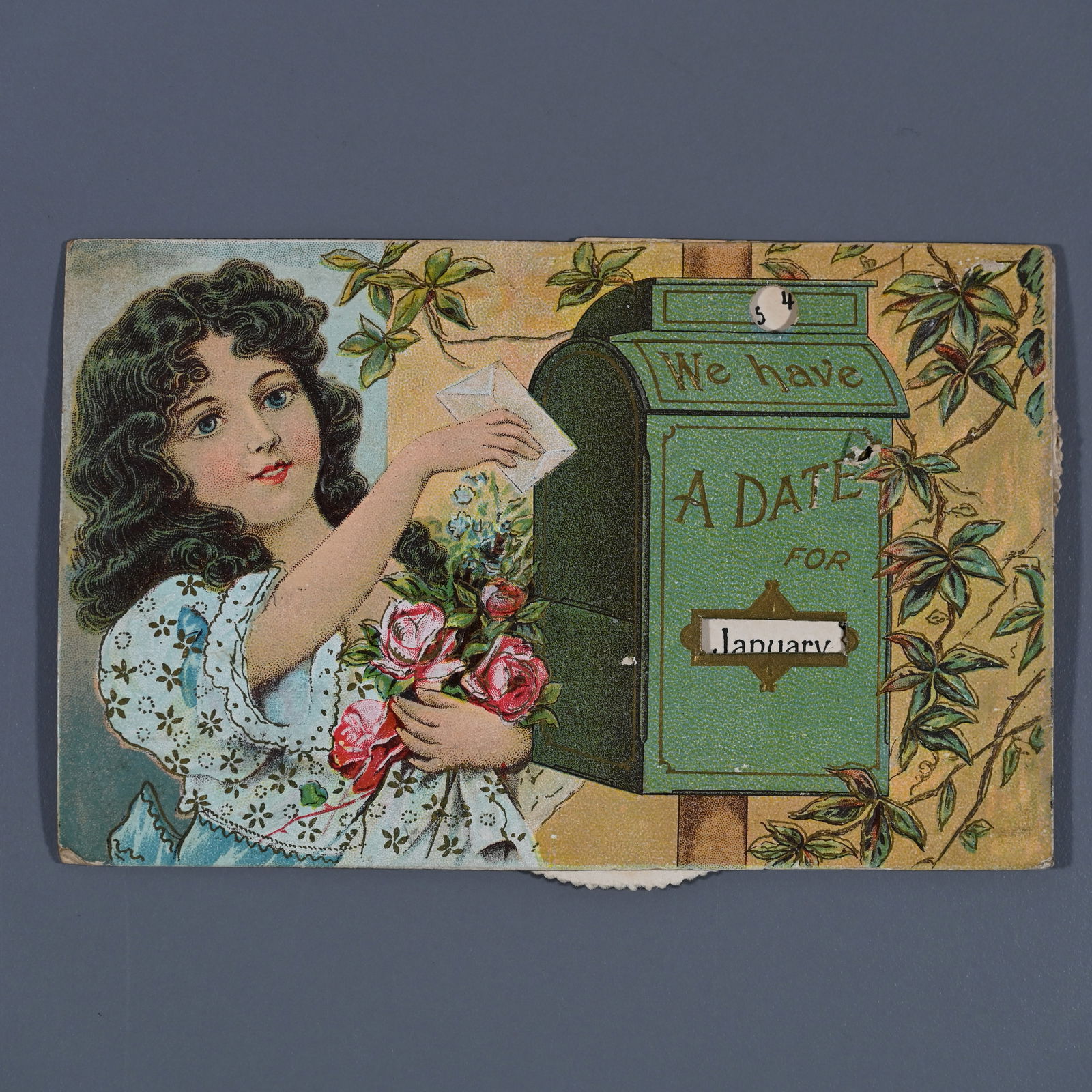 We Have A Date For January 4 Postcard: A calendar wheel postcard - with day and month wheels. Dated in March 30, 1909. Apparently, Mary thinks her sister is a bad girl and is, therefore, only sending her a card - for her birthday - ? -