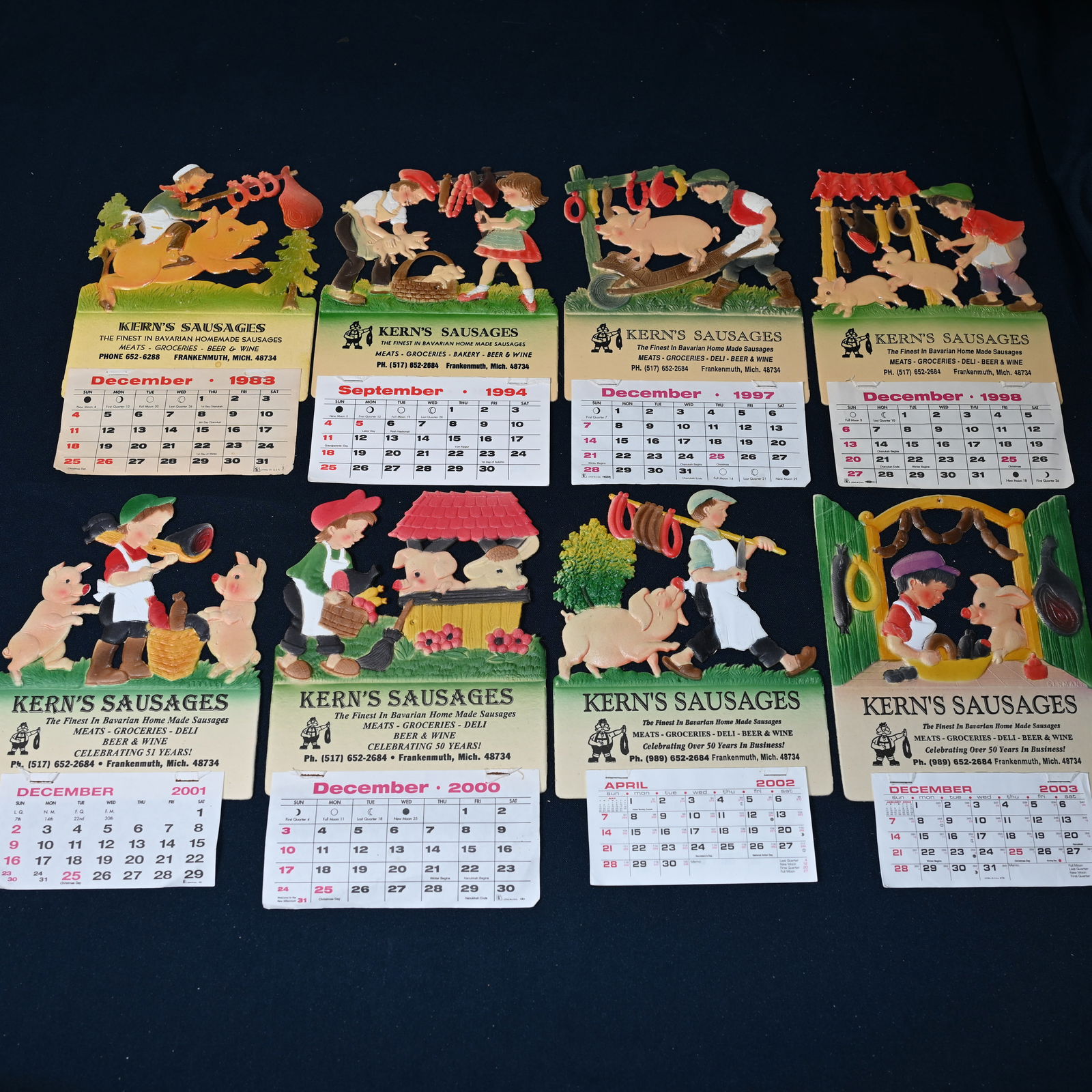 Kern's Sausages Die Cut Calendar - Collection of 8: Frankenmuth Michigan. Calendar measures roughly: 10" H x 6.25" W including the calendar pad. The calendar itself measures about: 7.5" H x 6.25" W