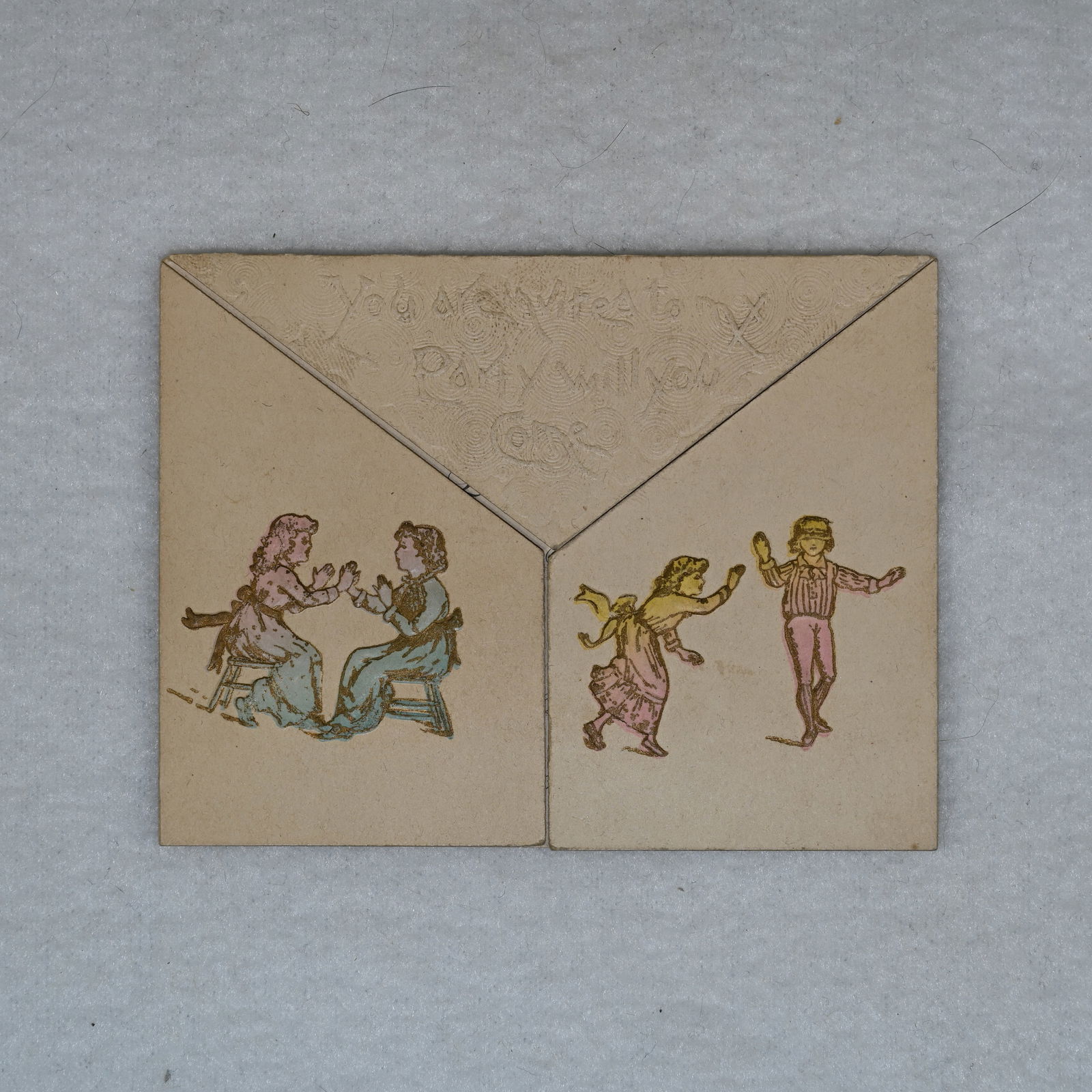 An Unusual Party Invitation for a 6 year old: We like the formality and simplicity of this invitation for a child's 6th birthday party. The embossed flap reads You are invited to my Party will you Come. The figures on the left and right flaps are