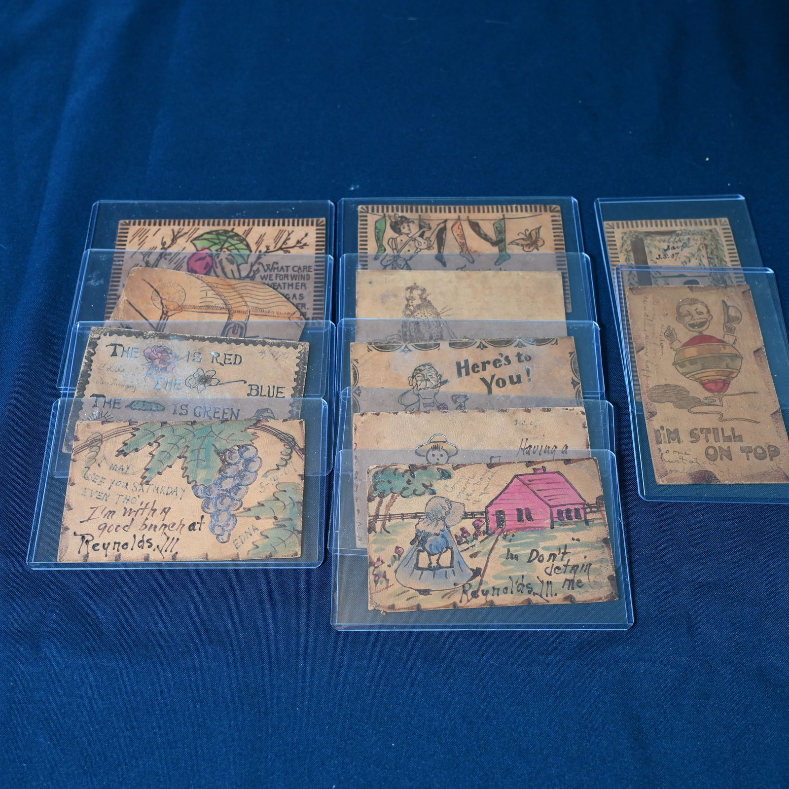 Leather Postcards - Lot of 11: Many copyright 1907 by W.S. Heal, condition as pictured