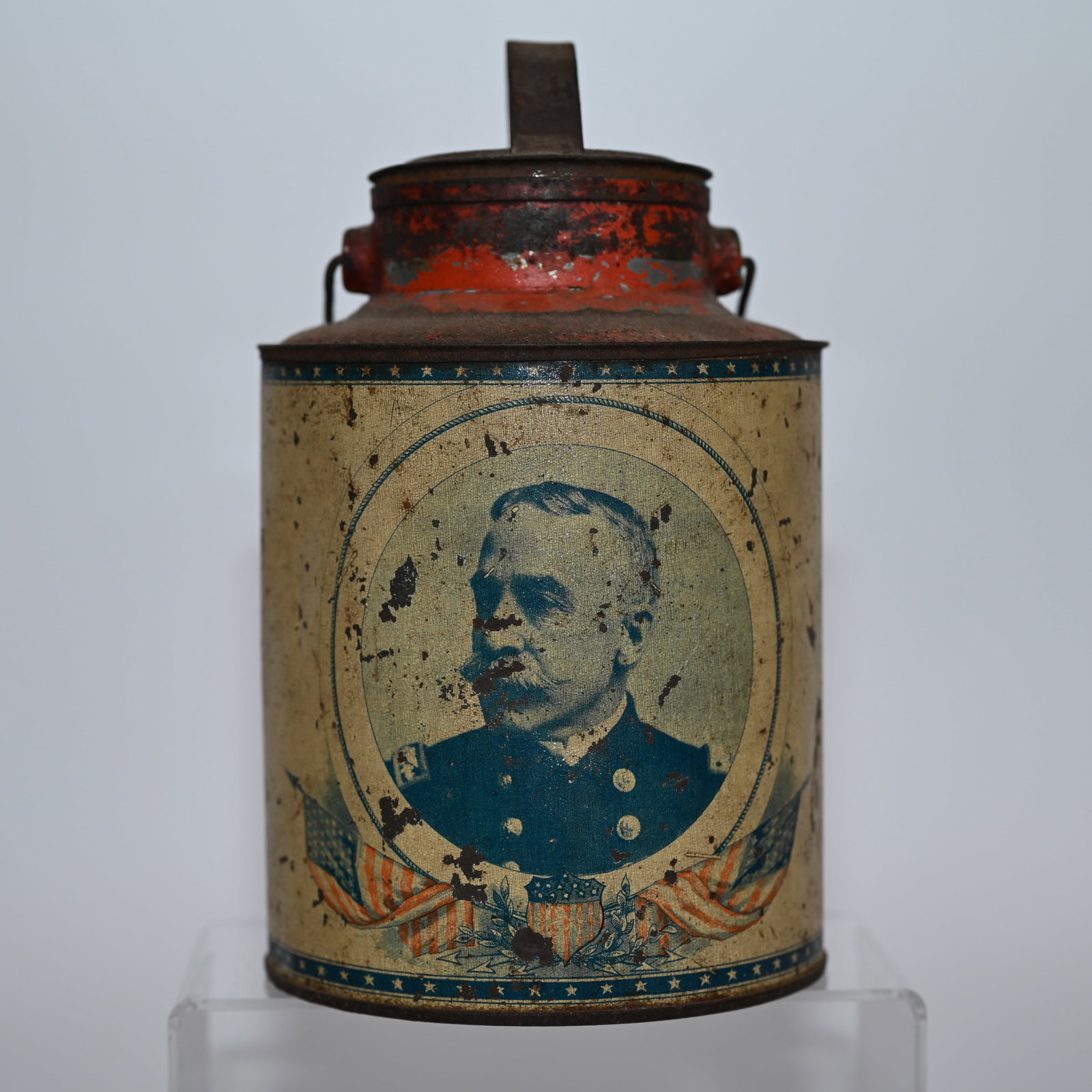 Admiral Dewey Blend Coffee Tin Advertising Container: Admiral Blend Coffee distributed by Franklin MacVeagh & Co Chicago. Canister is 4 1/4 inches Diameter. To the top of the handle is 7 1/4 H inches; to the top of the bail, if held up, is 9 1/2 H