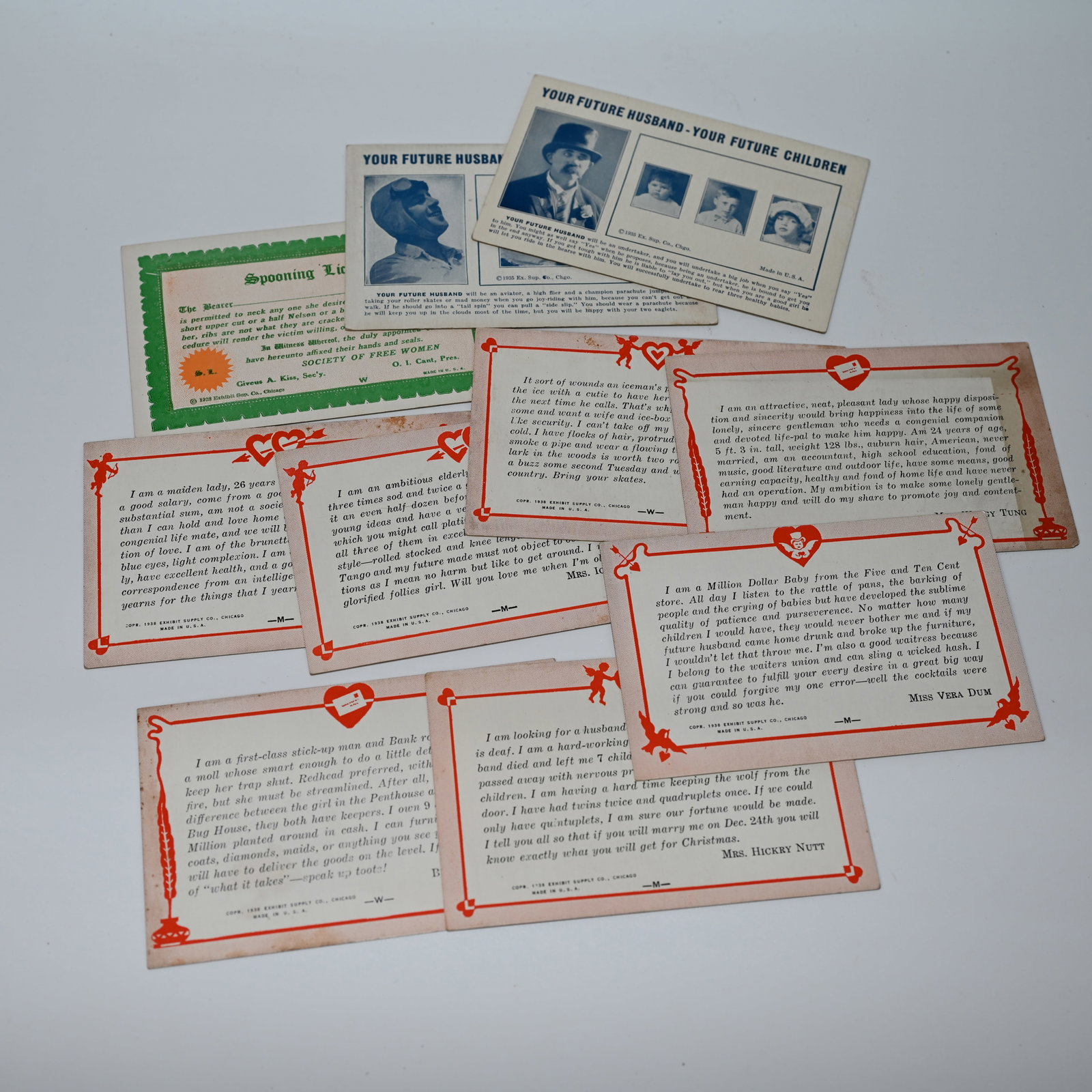 Exhibit Supply Cards: (1) 1928 Spooning License, (7) 1938 Horoscope Card, (2) 1935 Your Future: Lot of 10. Each about 3.375 x 5.375 inches
