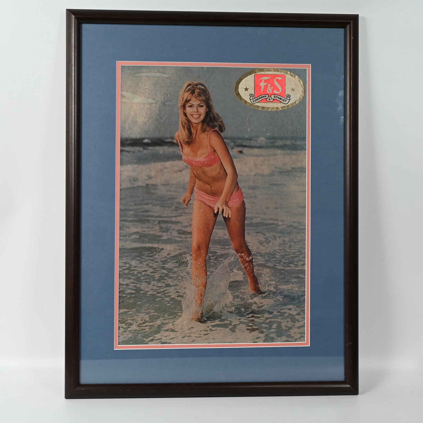 F & S -- Fuhrman & Schmidt Beer Pin Up Lithograph: A pretty girl and an F & S Beer - what more do you want? The visible image measures about 19 1/4 H inches x 12 1/4 W inches.