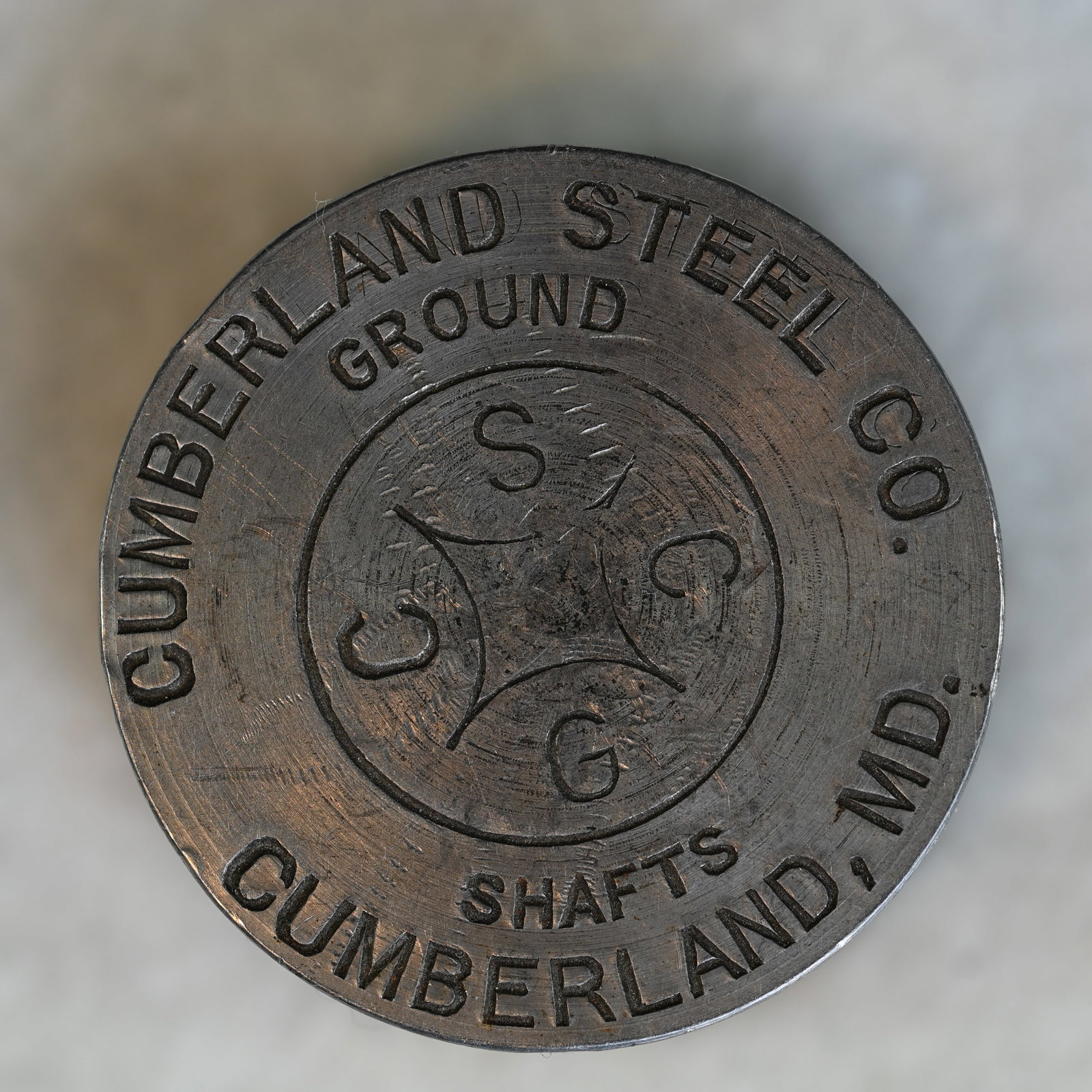 Cumberland Steel Co Ground Shafts Cumberland MD Paperweight: There are many companies associated with Cumberland Maryland, including some operating today. Thus, we could not identify the manufacturer associated with this advertising paperweight. About 1/2 H x