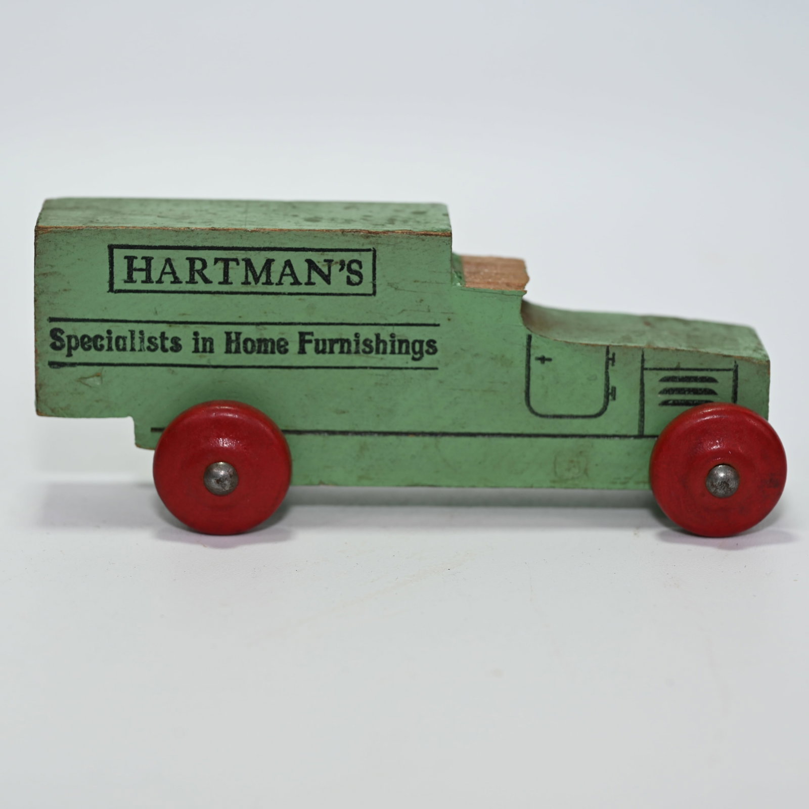 Hartman's Wood Truck Advertising Display: Specialists in Home Furnishings. About 1 3/4 H x 4 W x 1 1/4 D inches