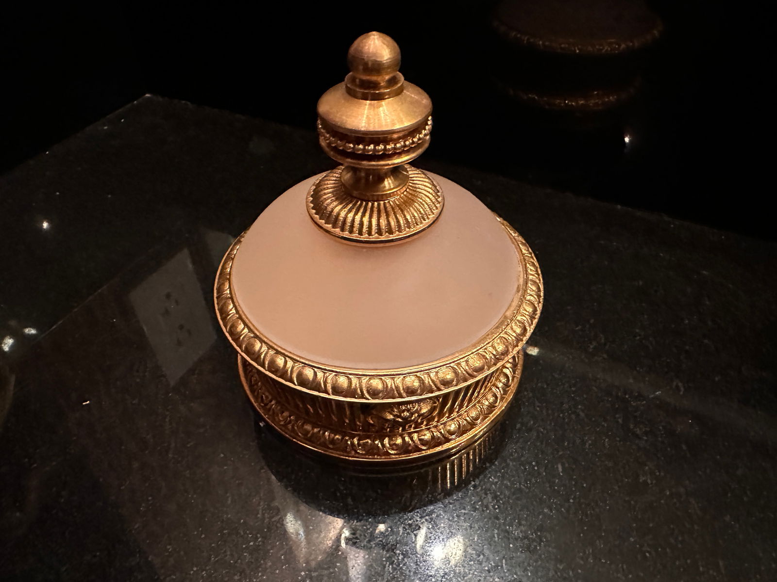 Versace Laudarte Medusa Head Glass and Metal Bowl: This is a Versace Laudarte Medusa Head Gold Colored Decorated Glass and Metal Bowl. PLEASE NOTE there is a small chip to the glass lid as pictured. Gianni Versace was a friend of the individual who co