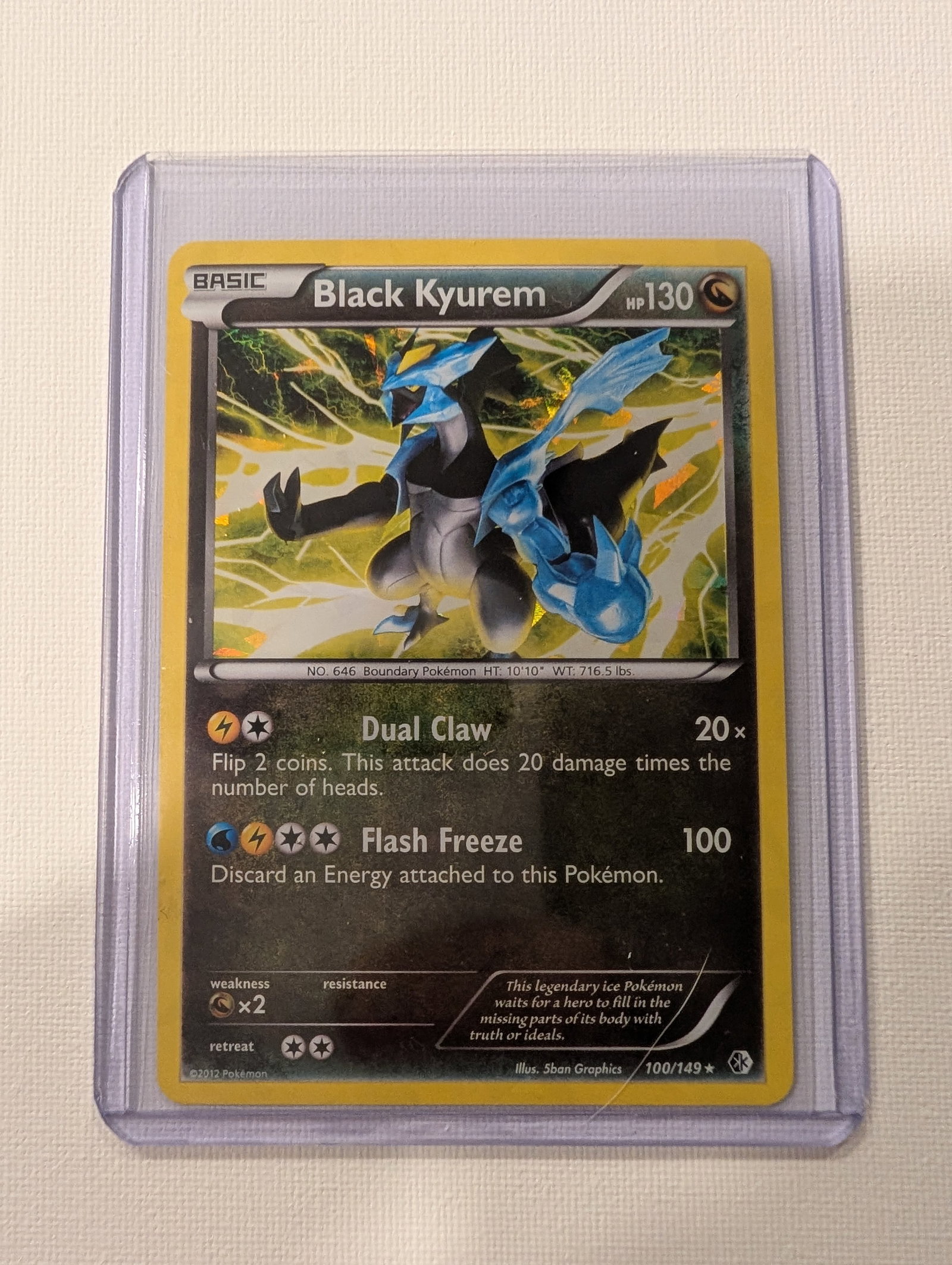 2012 Pokemon Black Kyurem 100 149 Boundaries Crossed Rare Holo.: This lot is a Black Kyurem Holo card numbered 100 149 from the 2012 Boundaries Crossed expansion. It is a Dragon type Basic Pokemon with 130 HP and features artwork by 5ban Graphics. The card includes