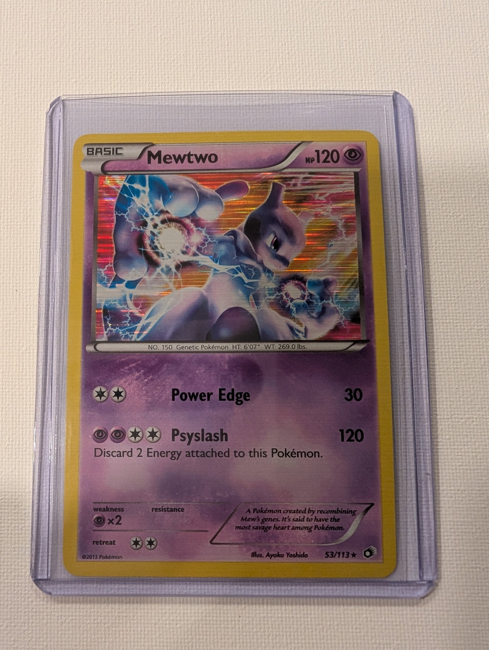 2013 Pokemon Mewtwo 53 113 Legendary Treasures Holo Rare.: This lot is a Mewtwo Holo Rare card numbered 53 113 from the 2013 Legendary Treasures expansion. It is a Psychic type Basic Pokemon with 120 HP and features artwork by the illustrator Ayaka Yoshida. T