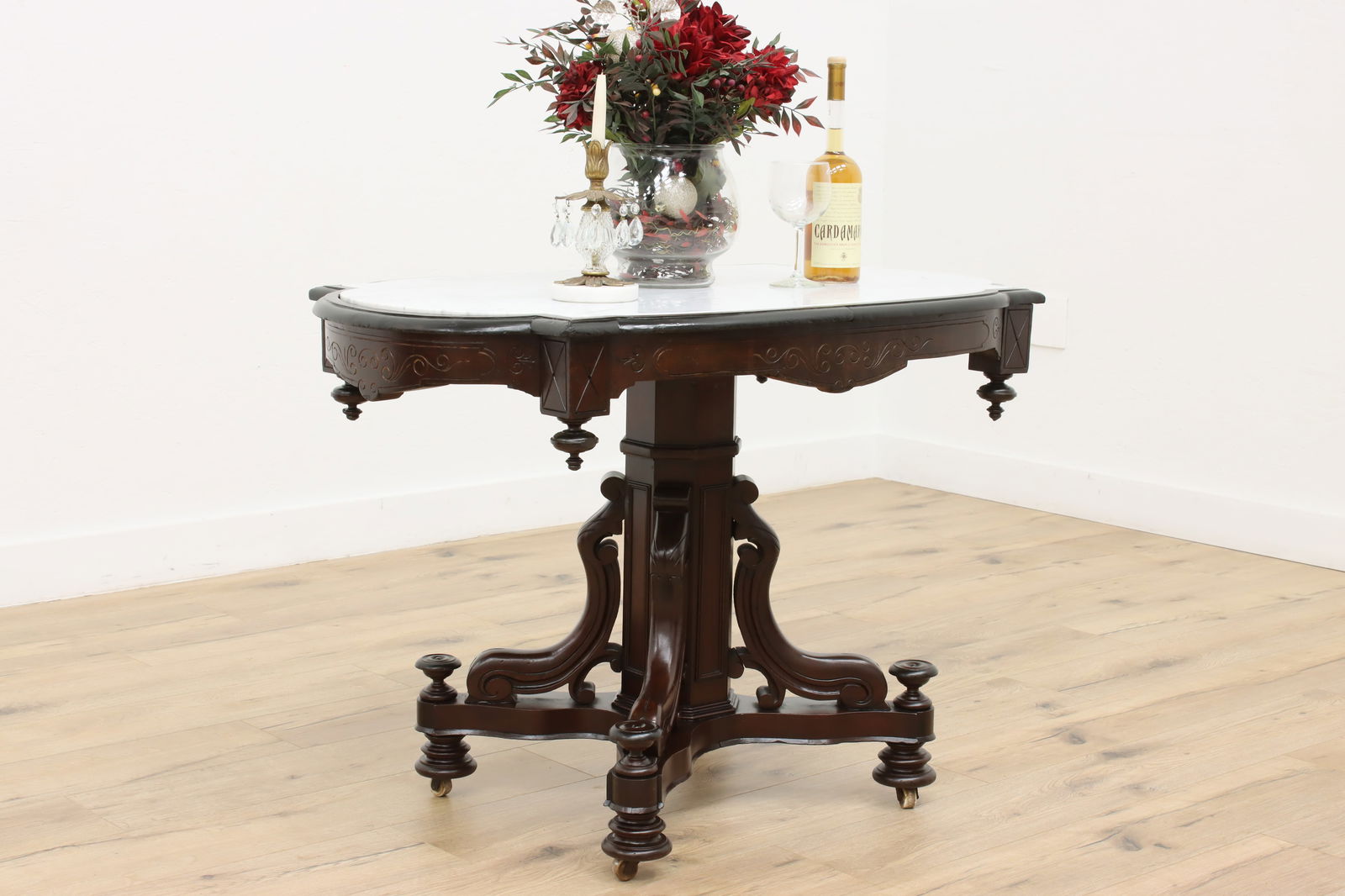 Victorian Renaissance Antique Marble Top Parlor Hall Table #47540: From the Victorian Renaissance period, this parlor or entryway table has a beautiful white marble top. American 1860s antique furniture.Carved solid walnut with walnut burl accents. Old varnish has be
