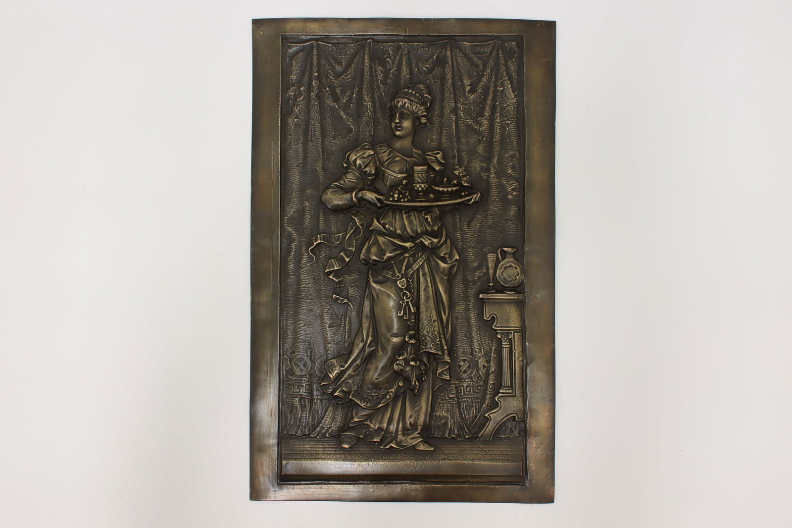 Victorian Antique Classical Bronze Plaque of Woman Server #45388: A wall plaque of a classical woman serving food is finely detailed. Antique 1890s Victorian period art. Bronze with rich deep patina.In very fine condition with minor wear & some wear to original fini