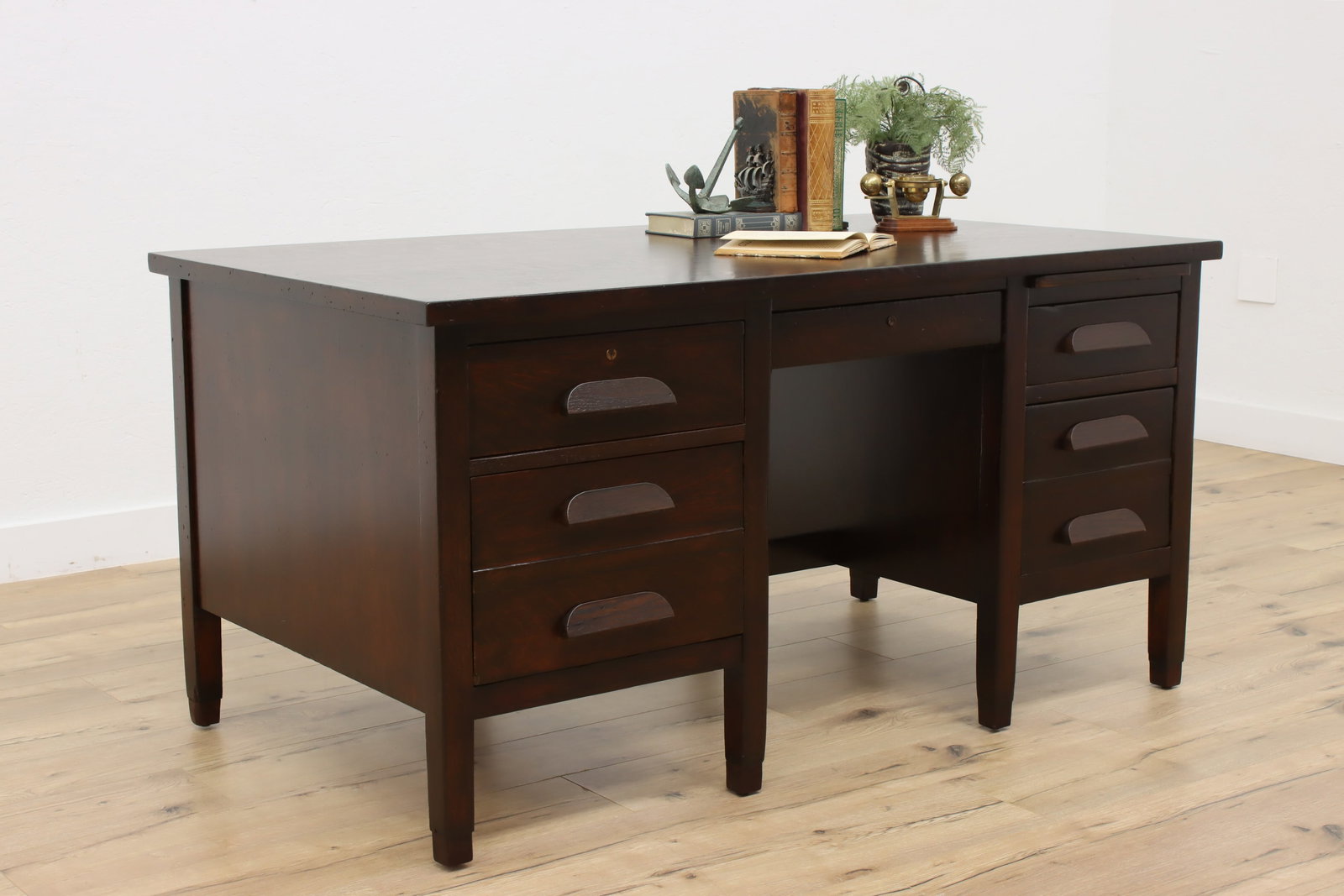 Art & Crafts Mission Oak Antique Craftsman Office Desk #47210: An Arts & Crafts or Mission Oak period office or library desk has two large file drawers and a pullout writing surface. American Craftsman antique furniture. Quarter sawn oak. Top surface has been ref