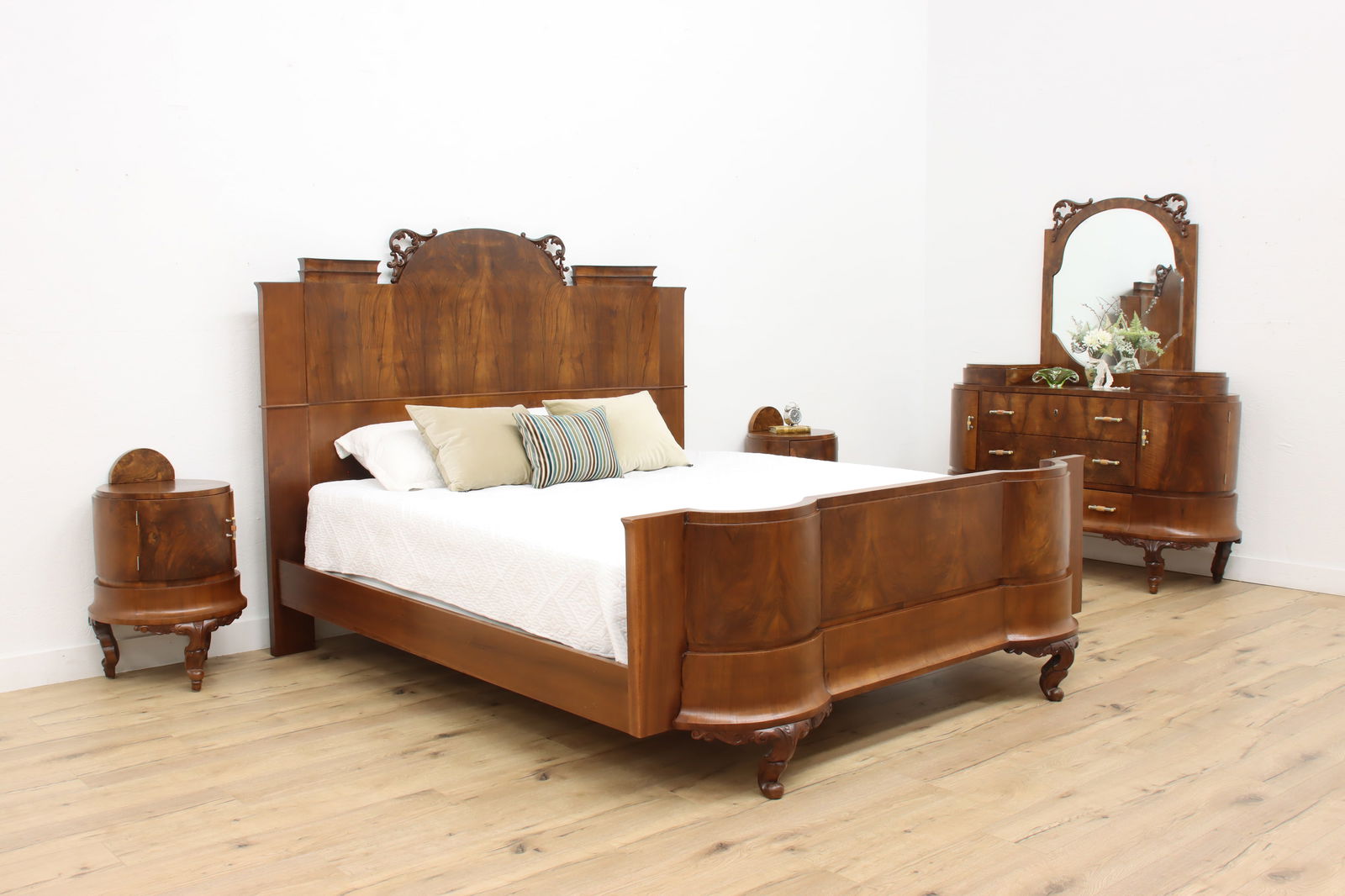 Italian Art Deco Antique 4 Pc Burl Bedroom Set King Size Bed #50767: A spectacular Art Deco period bedroom set from about 1925 includes a king size bed, chest with mirror and pair of nightstands.Handcrafted in Italy of matched olive wood burl. Older finish in very fine