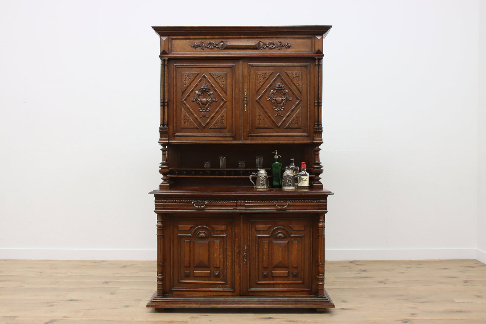 Renaissance Antique Oak Bar Cabinet Server Carved Griffins #47465: A Renaissance design bar cabinet or server is sometimes called a "court cupboard" and has beautiful carved detailing with large dragon heads. French antique furniture from about 1890.Oak with loads of