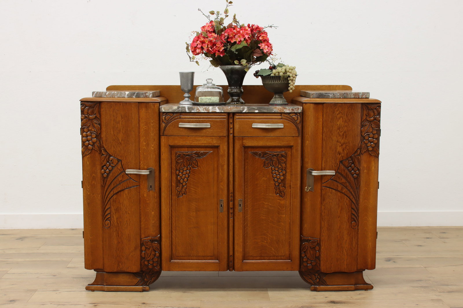 Art Deco Antique Bar Server Sideboard, Marble, Carved Fruit #52031: A gorgeous Art Deco period bar cabinet or sideboard has marble tops and carved fruit motifs. European antique 1920s furniture. Oak with original brass & nickel hardware. Top surface has been refinishe