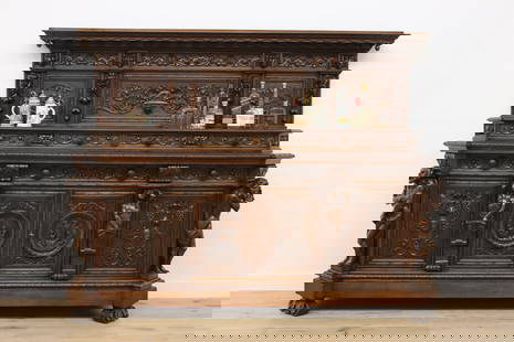 Renaissance Antique Backbar or Sideboard, Carved Sculptures #49092: A stunning Renaissance design backbar, sideboard, or server has large hand carved sculptures, cherubs, and lions. Italian antique 1910 period furniture. Hand carved of wormy walnut. Top surface has be