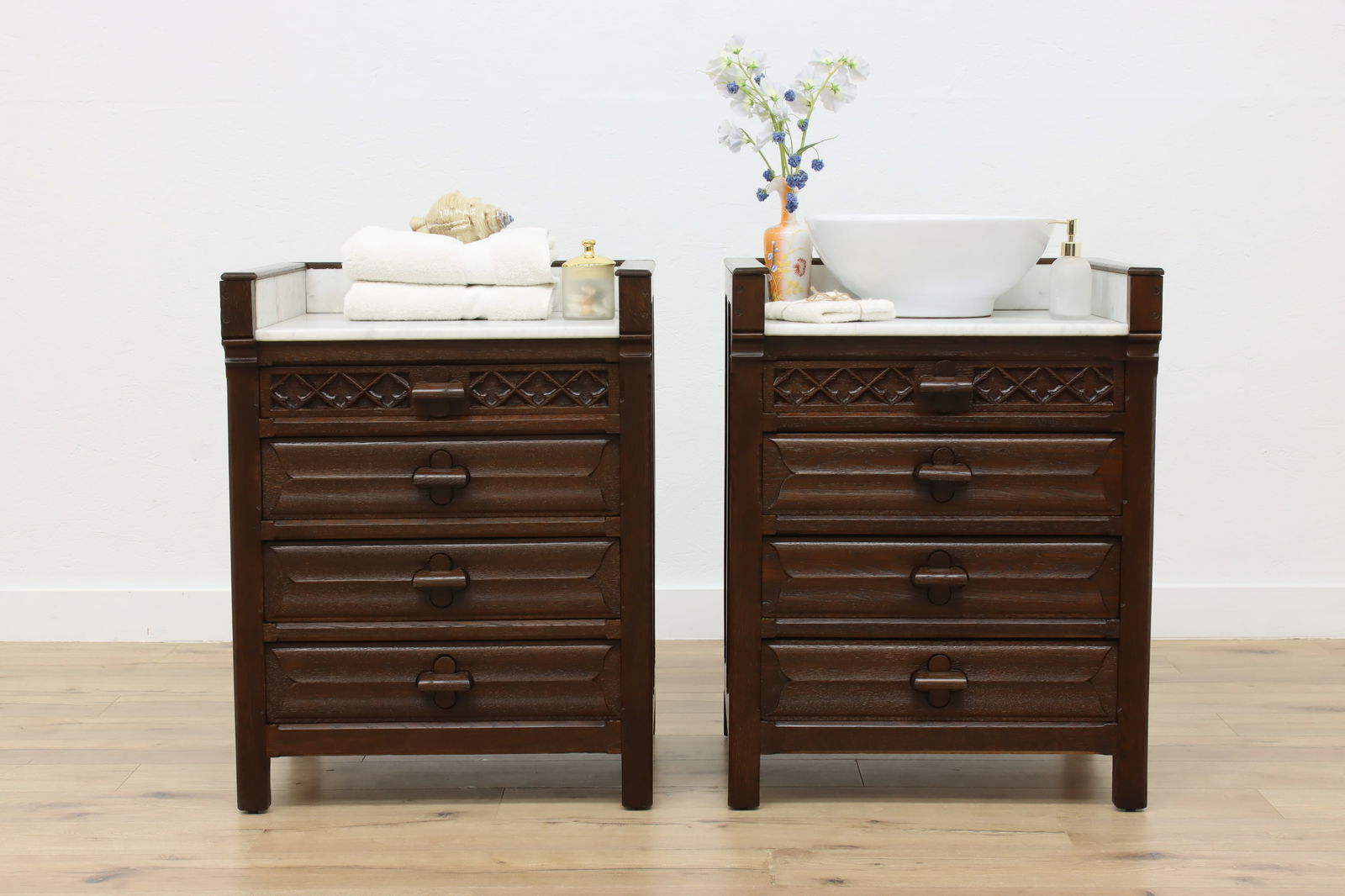 Pair Gothic Design Antique Nightstands Bath Cabinets, Marble #48690: This pair of marble top cabinets could be useful as large nightstands or as sink vanities. European antique 1900s furniture.Solid oak with loads of quarter sawn grain. Restored finish in excellent con