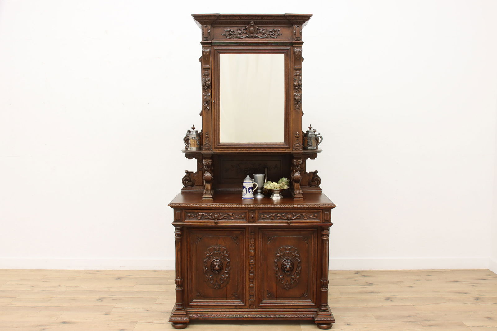 Black Forest Antique Carved Oak Bar Cabinet, Dragons & Lions #48248: This gorgeously carved bar cabinet with dragons and lions is from the Black Forest, where Germany, France and Switzerland meet. European antique furniture dated 1879 & signed "S. Heurltalt."Deeply car