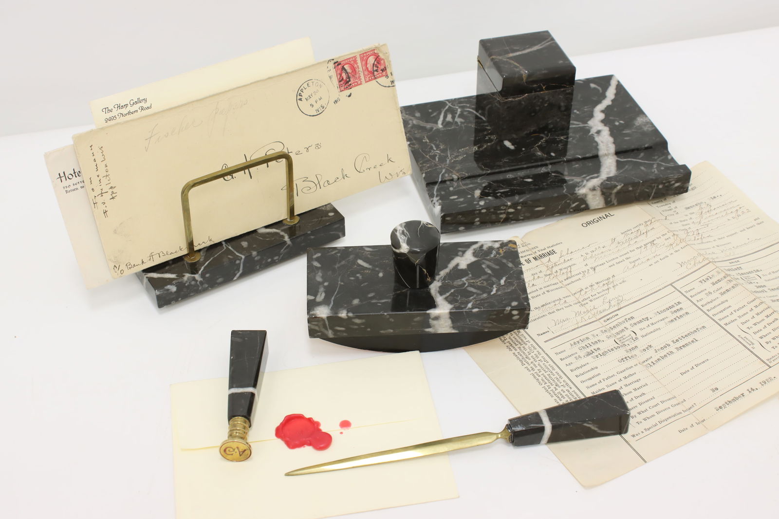 Art Deco Antique 5 pc Nero Portoro Marble Desktop Set #48735: This five piece Art Deco desktop set includes a letter holder, wax seal, letter opener, ink blotter, and inkwell with pen groove. European antique 1920s desk set. Beautiful Nero Portoro marble with or