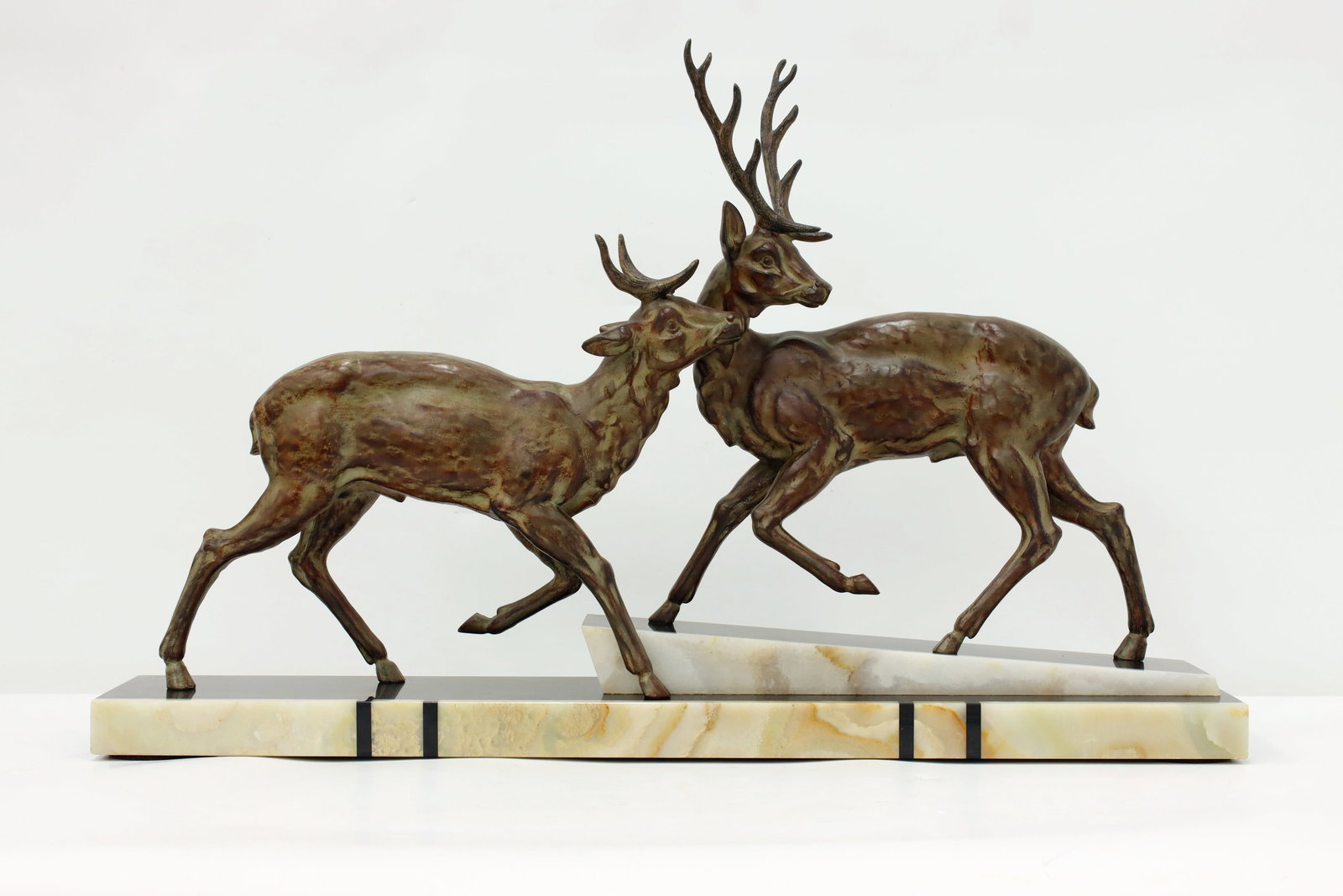 Art Deco Antique Pair of Stags Sculpture, Marble, Signed #48744: A gorgeous Art Deco period sculpture is of a pair of stags. Antique 1920s artwork. Signed on back corner - see photos. Spelter sculptures with a patinated finish. In very fine condition with minor chi