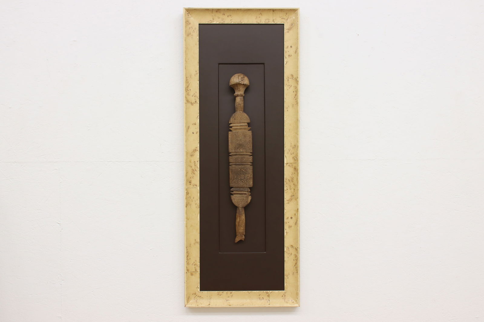 African Framed Antique Carved Ceremonial Staff #49736: This framed traditional African ceremonial staff would make a unique decoration. African antique staff from early 1900s. Vintage elm burl frame with a faux leather liner. Hand hewn and carved staff ha