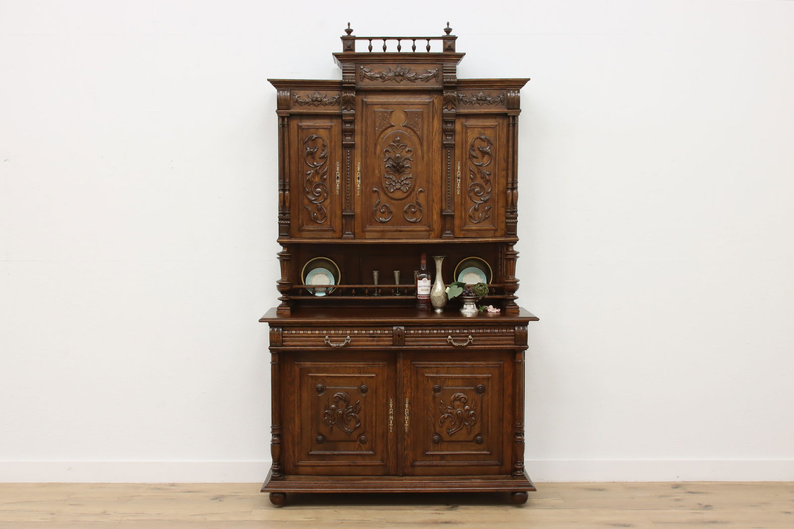 Renaissance Antique Carved Oak Sideboard Server, Bar Cabinet #48419: This fantastically carved Renaissance design sideboard or server would function well as a bar cabinet. French antique 1900s furniture. Carved oak with leaf & berry motifs. Top surface has been refinis