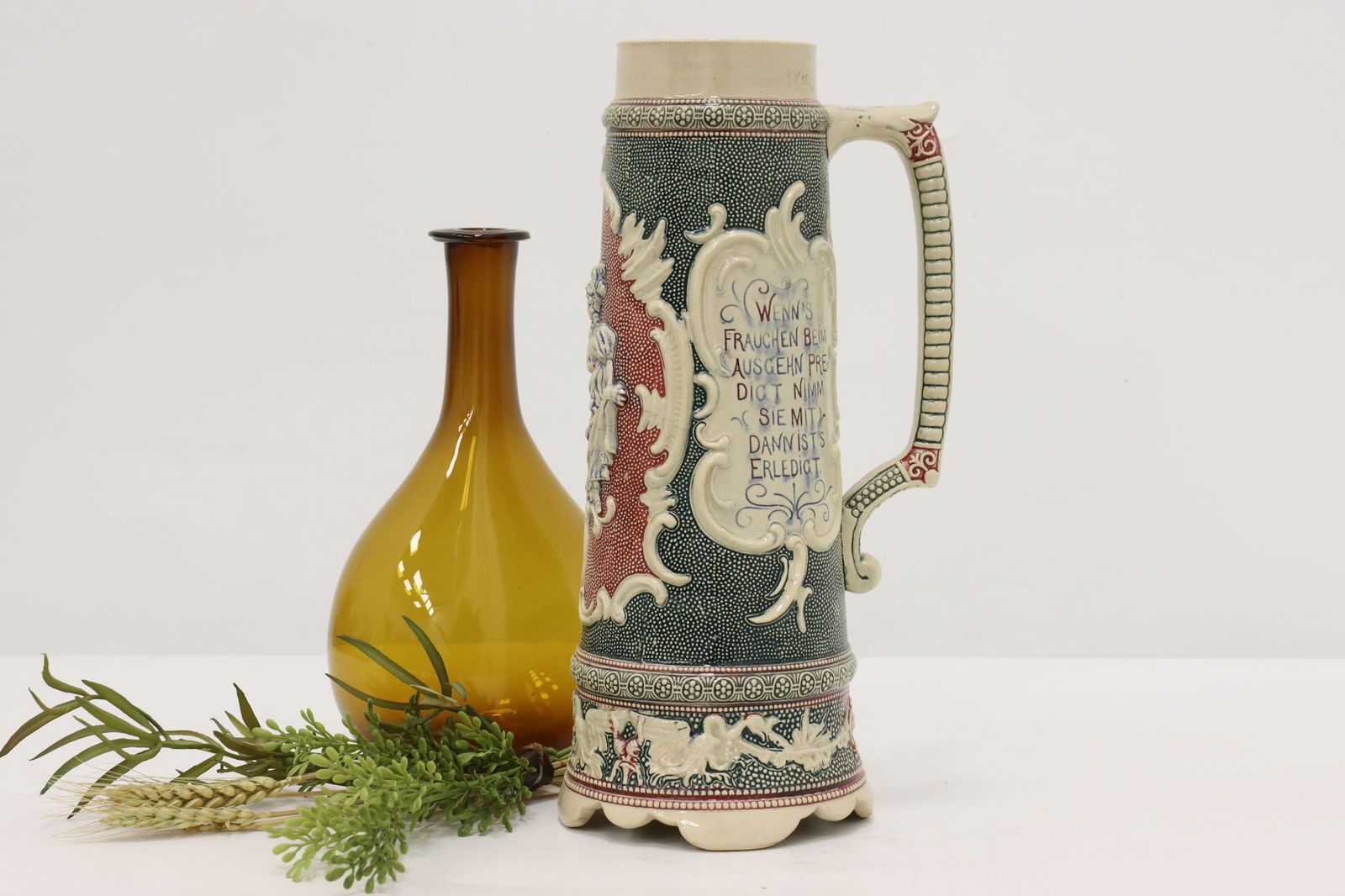 German Antique Folk Art Painted Ceramic Large Beer Stein #45873: A traditional German 1 1/2 liter beer stein or mug has German inscriptions and a scene of a courting couple. German antique 1910s folk art stein. Painted ceramic. German signature on bottom - see phot
