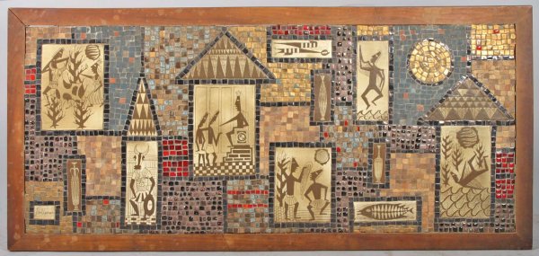 David Holleman Cubist Mosaic: David Holleman, Framed Tile cubist mosaic with Figural Sgraffito tiles, with multi-colored ground, circa 1955. Signed Holleman lower left. 18" x 42". From the Margaret Porter estate Concord, MA