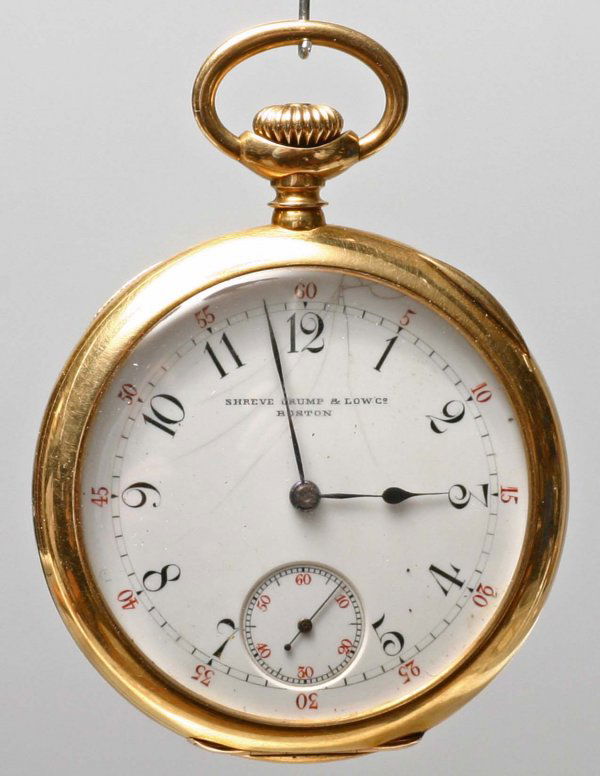 Patek Philippe Pocket Watch: A Patek Philippe - 107243 Geneva - monogrammed open face (crazing on face) pocket watch Yellow gold 18K (marked.) Shreve, Crump & Low. Provenance Frank G Allen estate